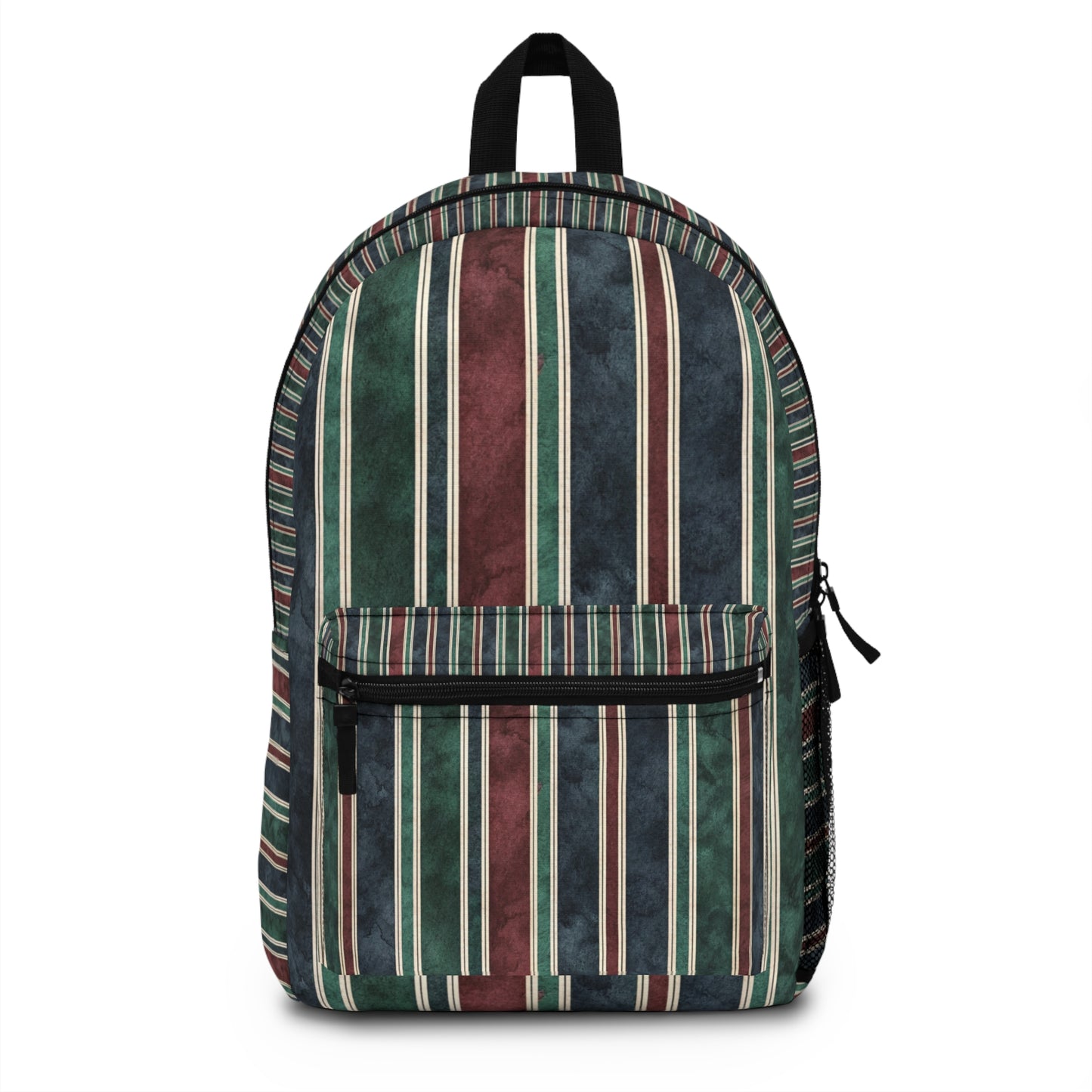 Backpack with vertical stripes of dark green, burgundy, cream, and navy blue.