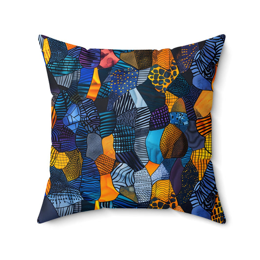 Square pillow with a vibrant, abstract mosaic pattern of geometric shapes and textures.