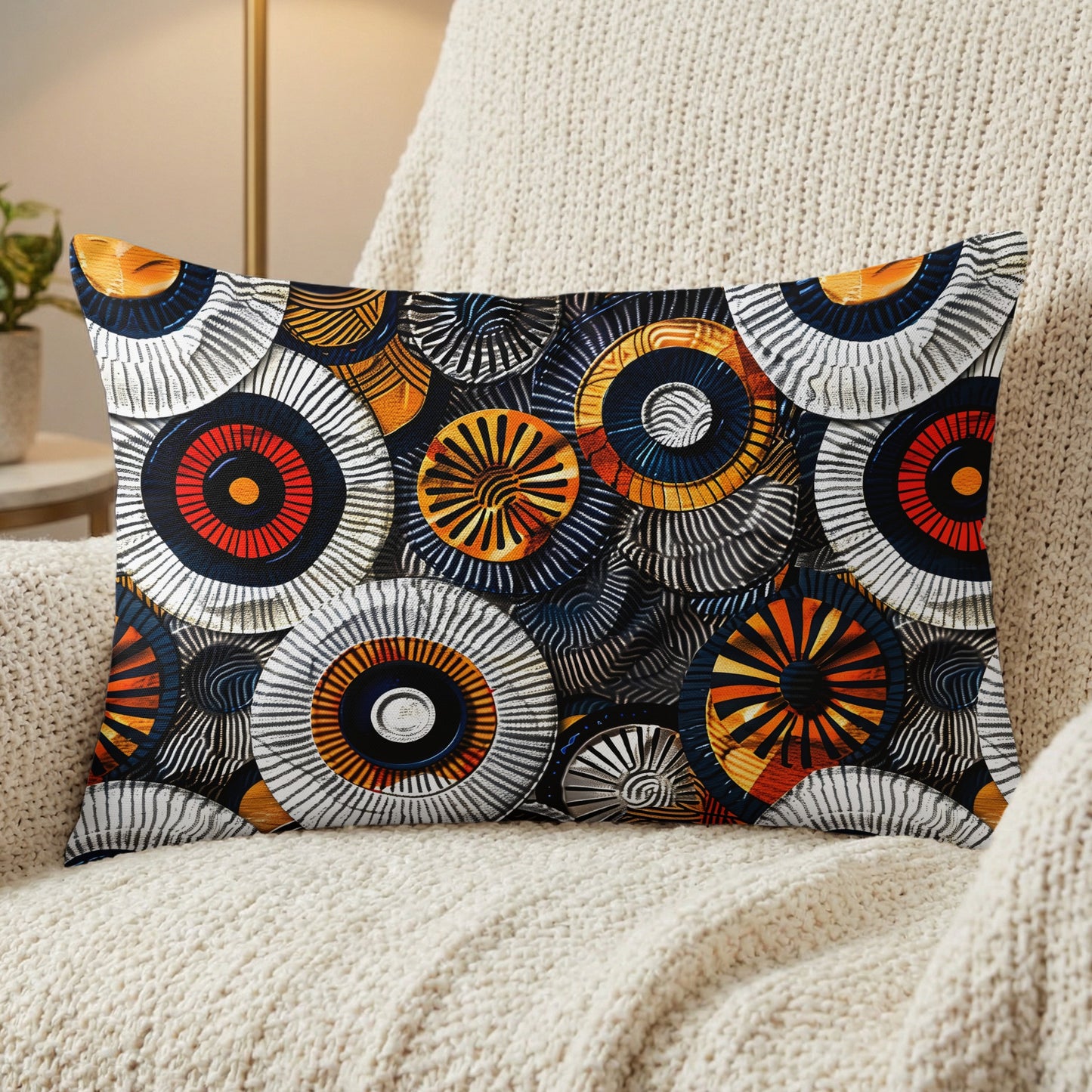Rectangular pillow with a dynamic, abstract pattern of concentric circles in black, orange, and white.