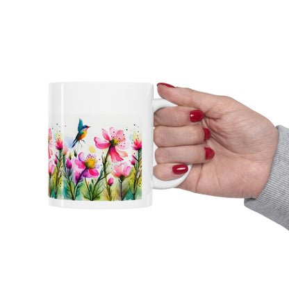 Floral Coffee Mug, Pressed Pink Watercolor Wildflowers  Ceramic Mug 11oz,  Coffee Mug Gift