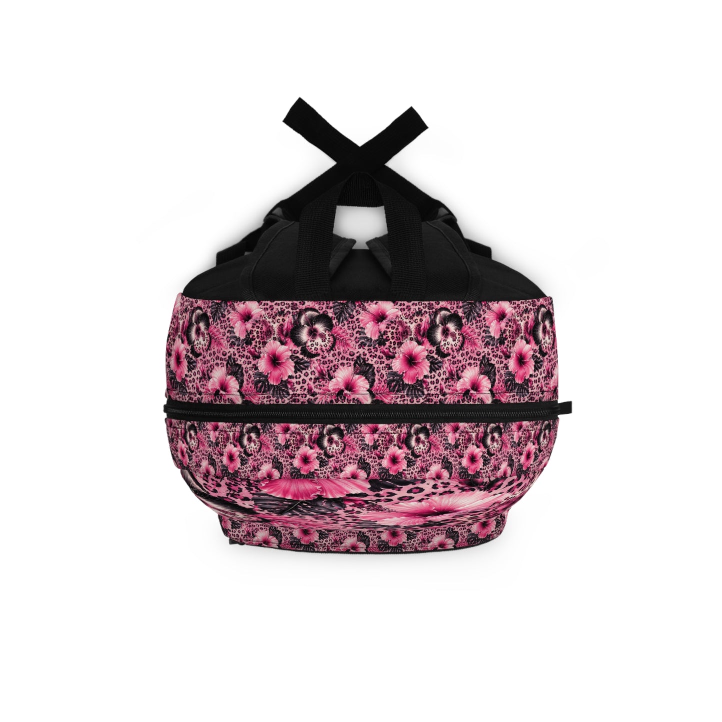Round backpack with pink floral and leopard print pattern.