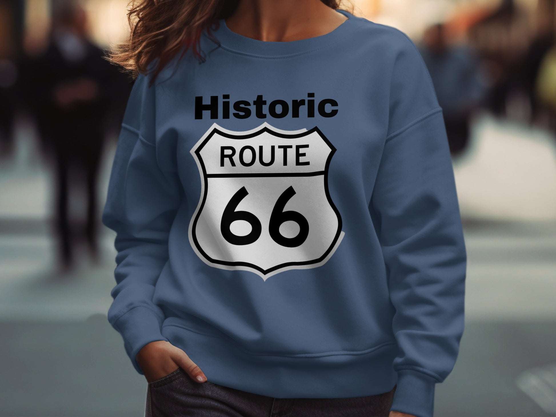 Blue sweatshirt with a white Historic Route 66 shield logo.