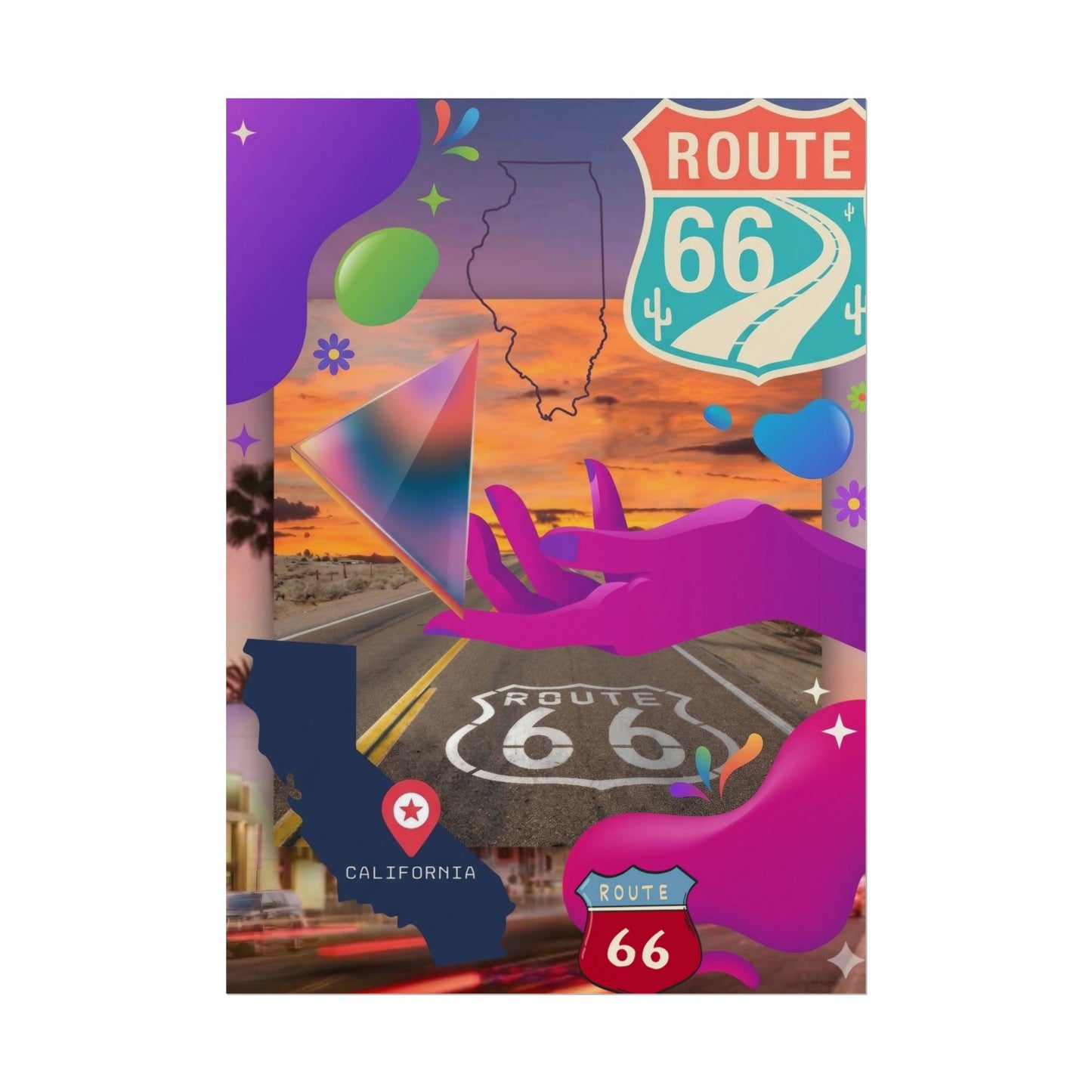 Route 66 California map with a hand reaching towards an Illinois outline and sunset highway.