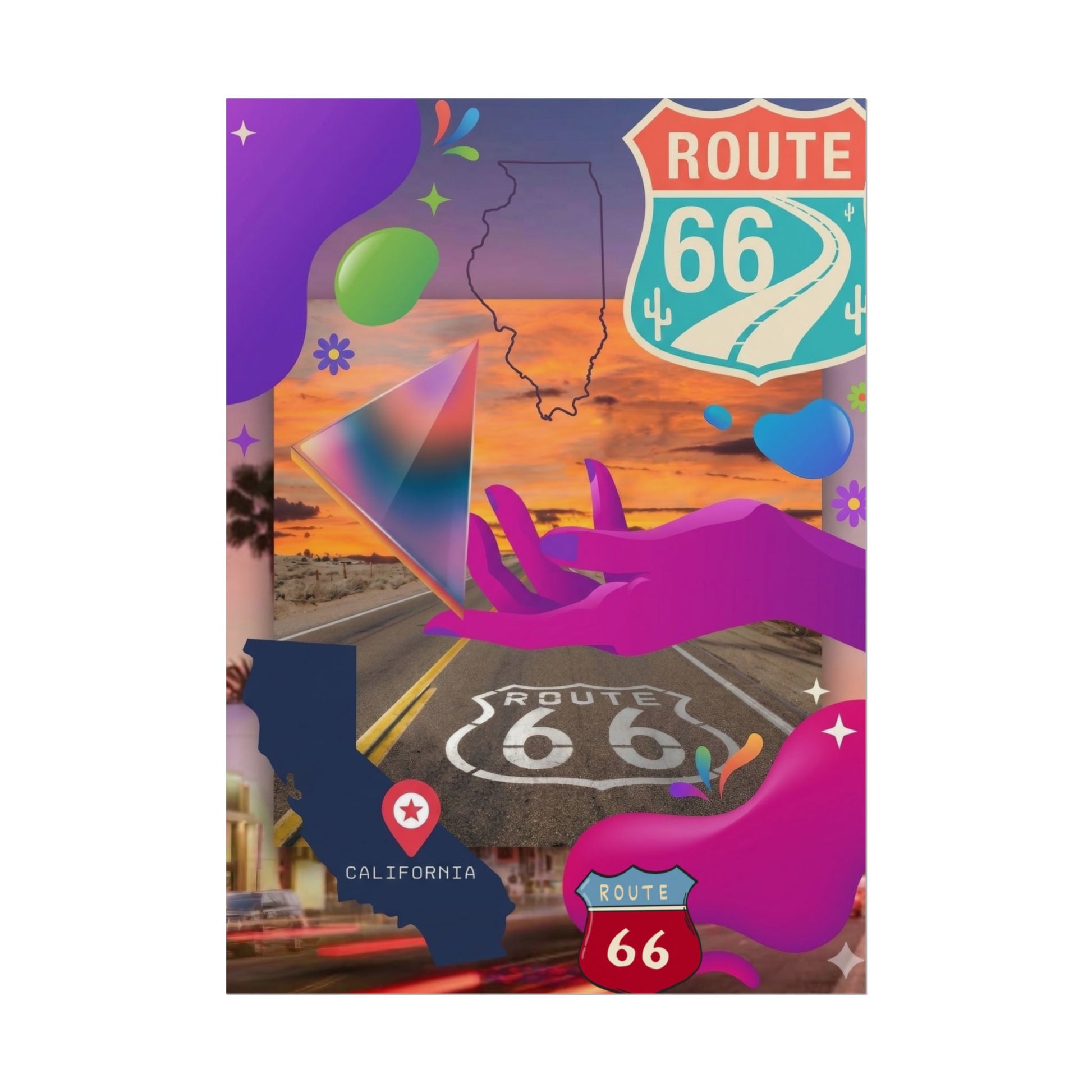 Route 66 California map with a hand reaching towards an Illinois outline and sunset highway.
