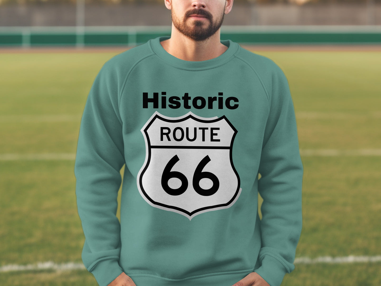 Teal sweatshirt with "Historic Route 66" shield logo.