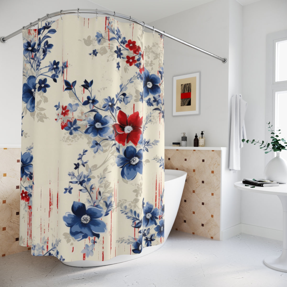 Floral Blue Red Shower Curtain Bathroom Decor
