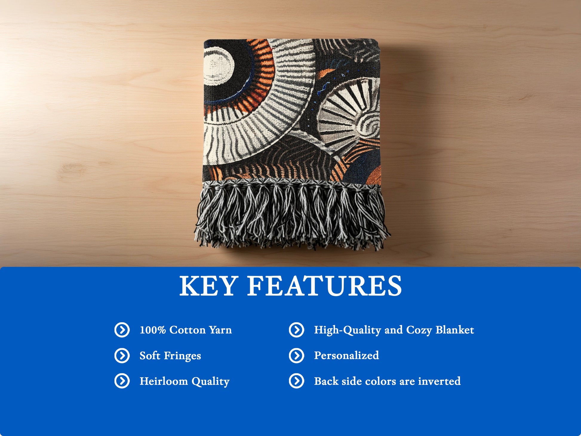 Tapestry blanket with a geometric pattern, fringed edges, and key features list.