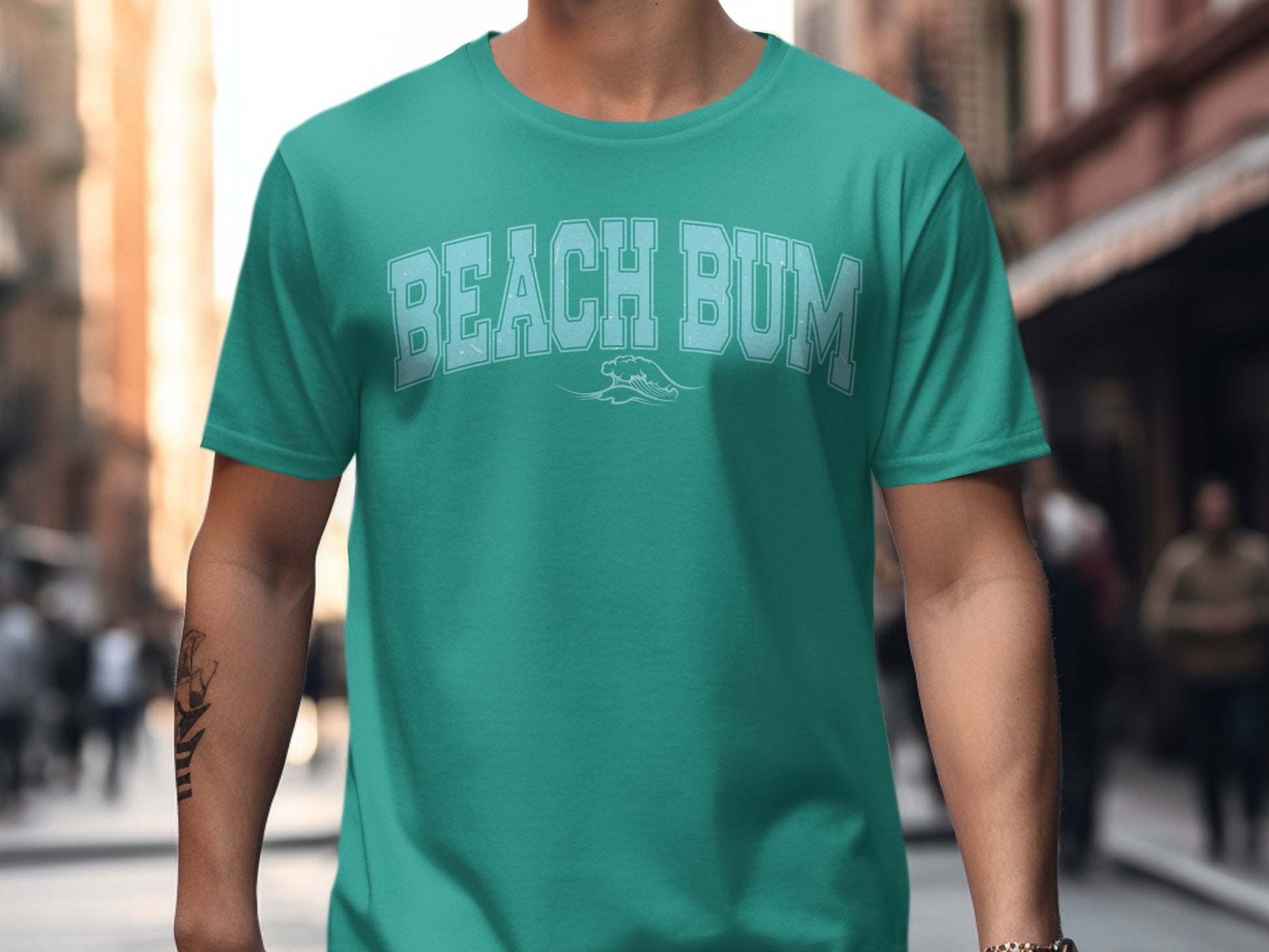 Teal t-shirt with "BEACH BUM" text and wave graphic.