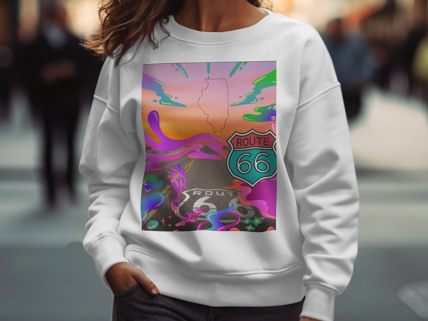 White sweatshirt with Route 66 logo and abstract colorful design.