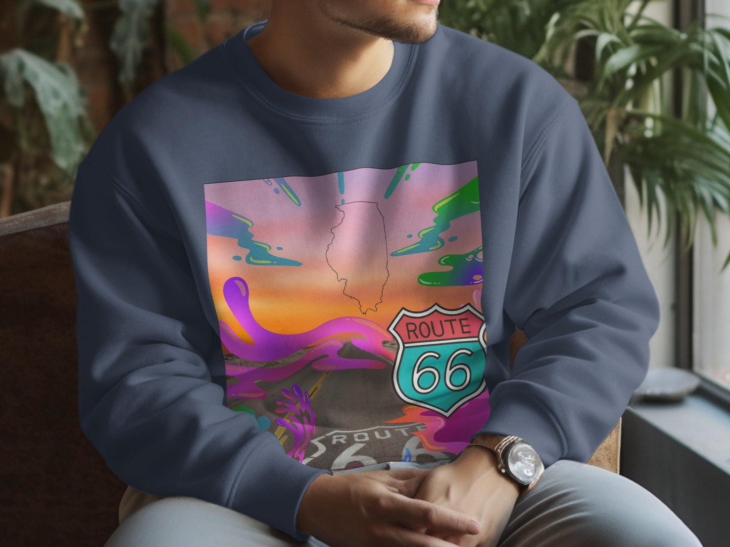 Dark blue sweatshirt with Route 66 logo and abstract colorful landscape.
