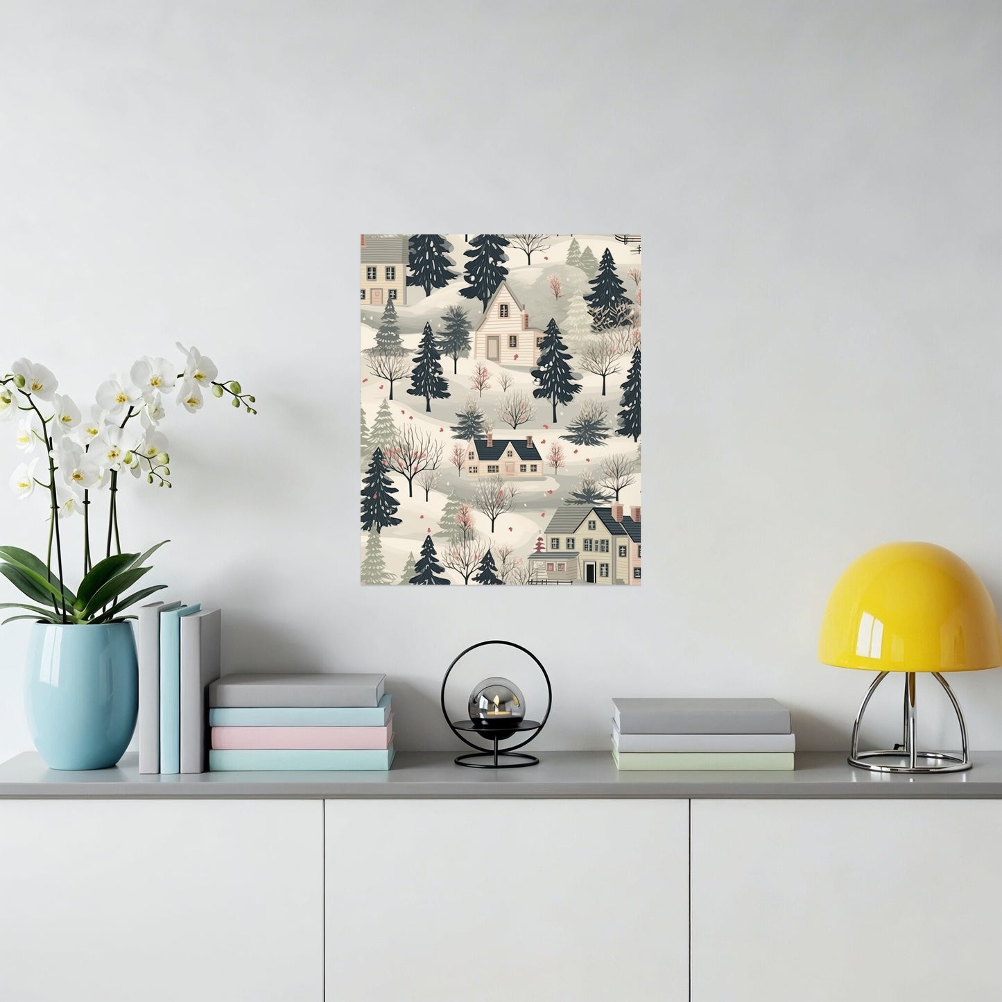 Winter Village Scene Wall Art for Living Room Decor