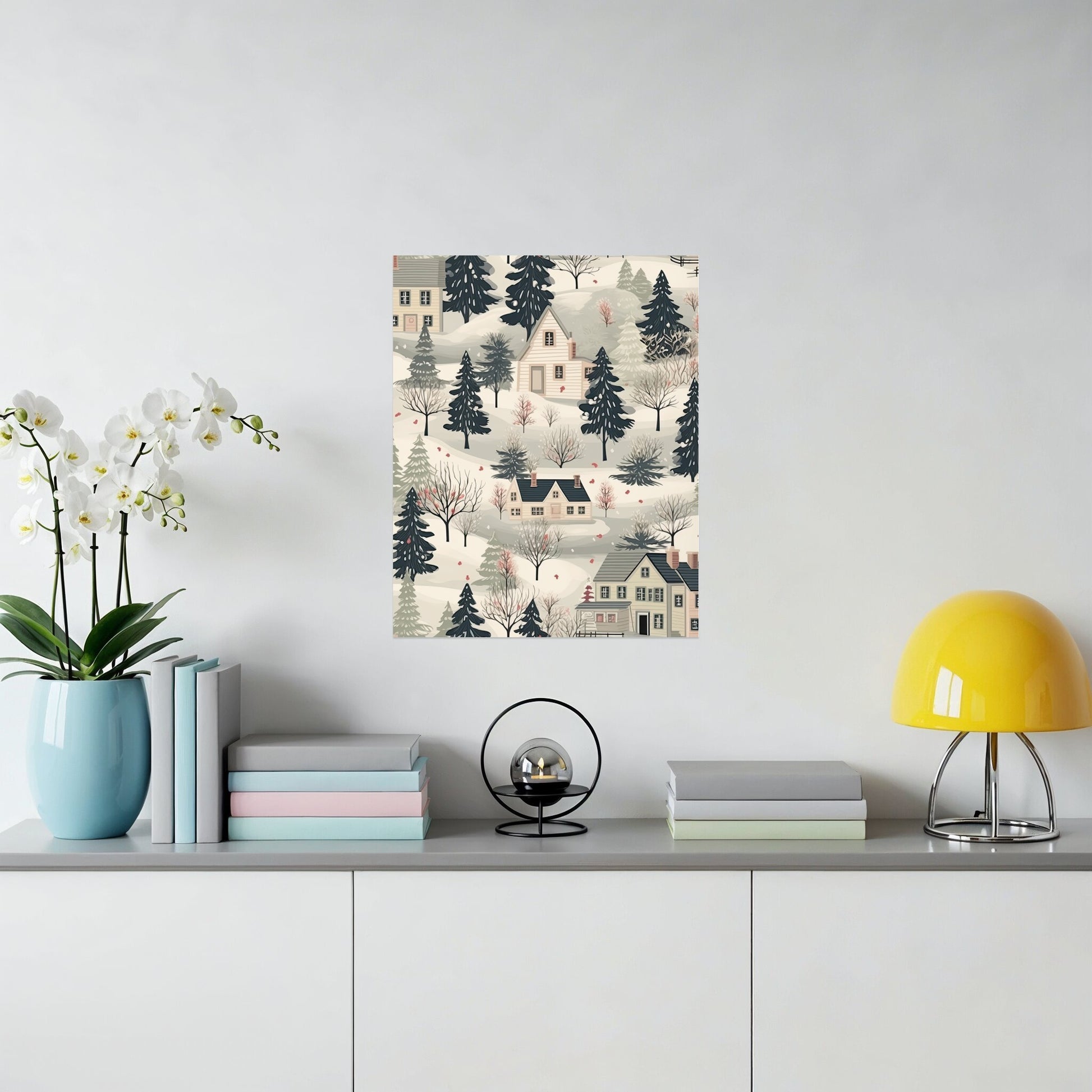 Winter Village Scene Wall Art for Living Room Decor