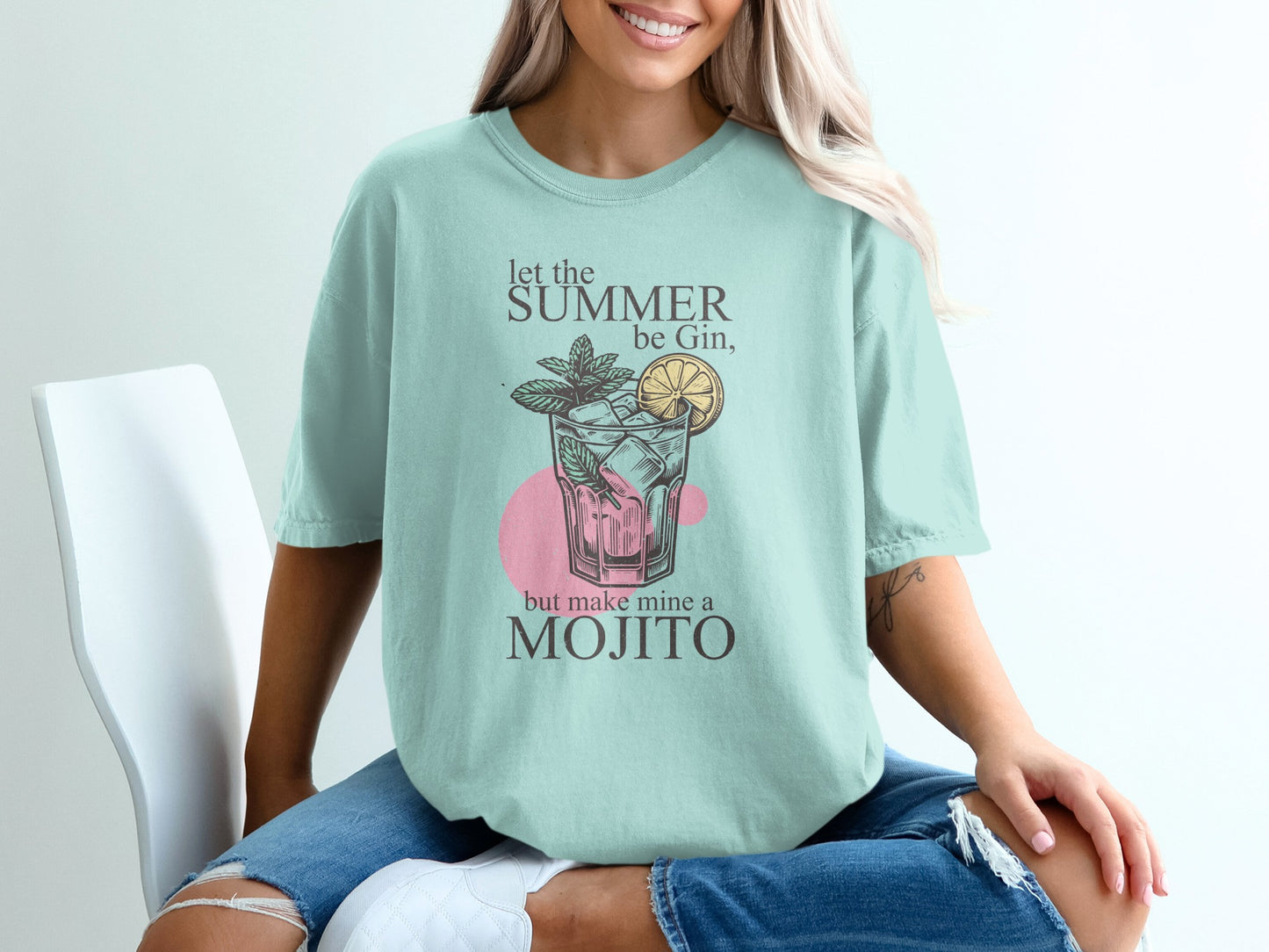Mint mojito graphic on a light teal t-shirt.