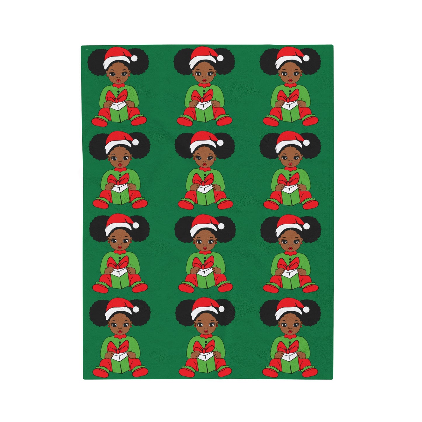 a green Christmas throw blanket with black girl wearing christmas hat