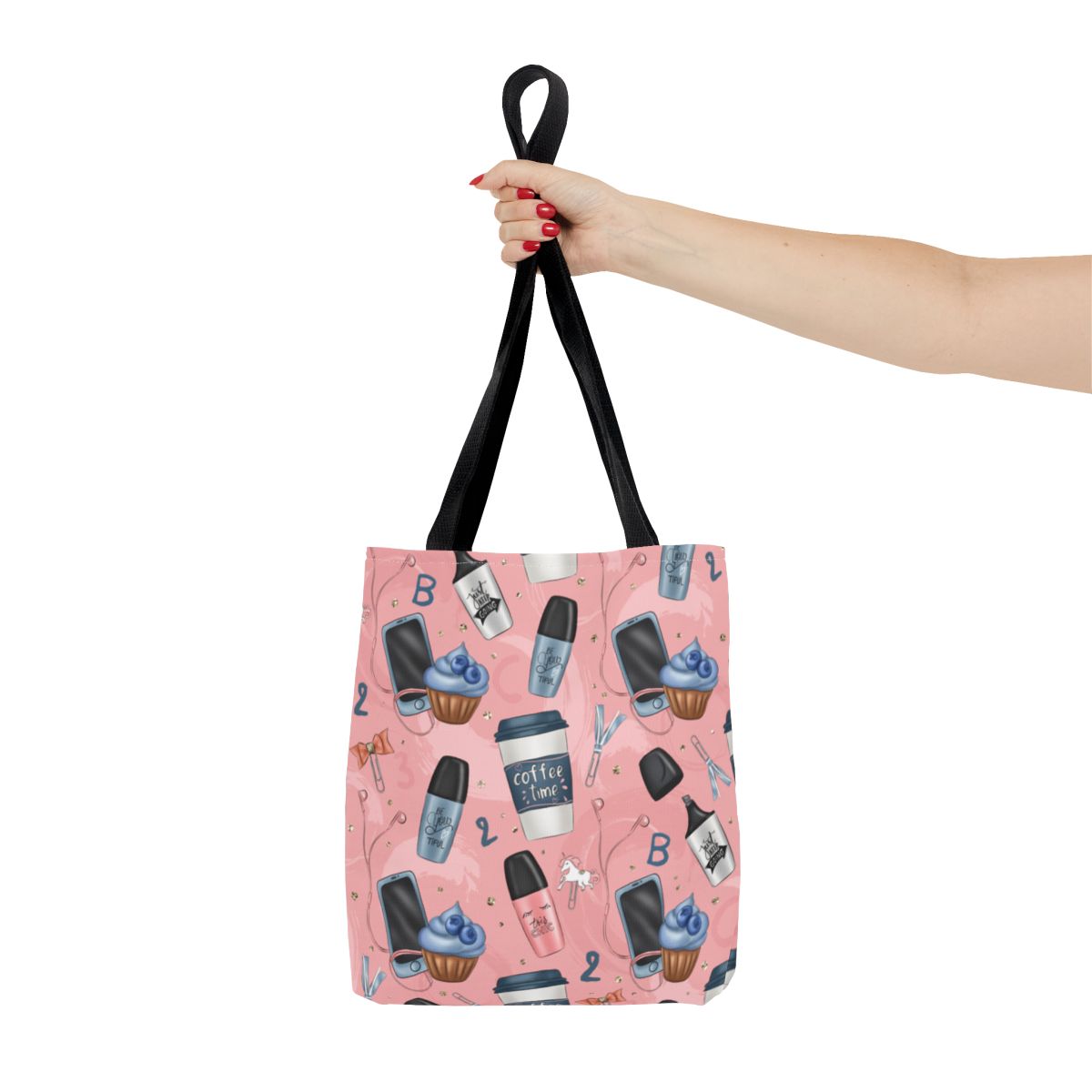 Stylish Pink Handbag with Modern Coffee and Makeup Print