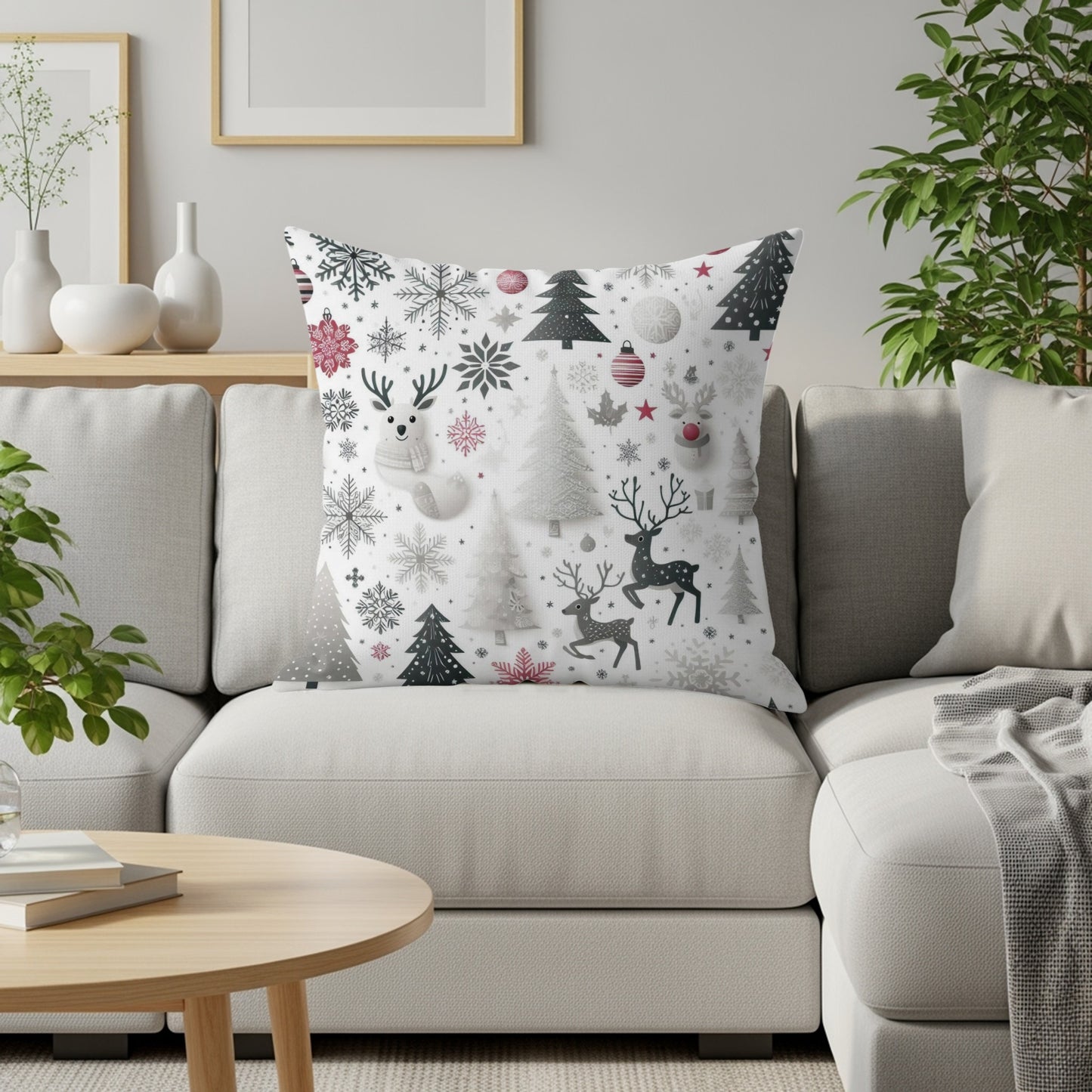 Festive Reindeer and Snowflake Pattern Cushion Pillow