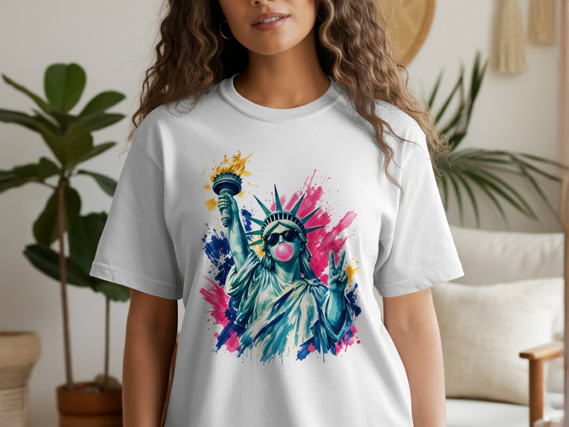 Statue of Liberty graphic with watercolor splashes and pink bubblegum.