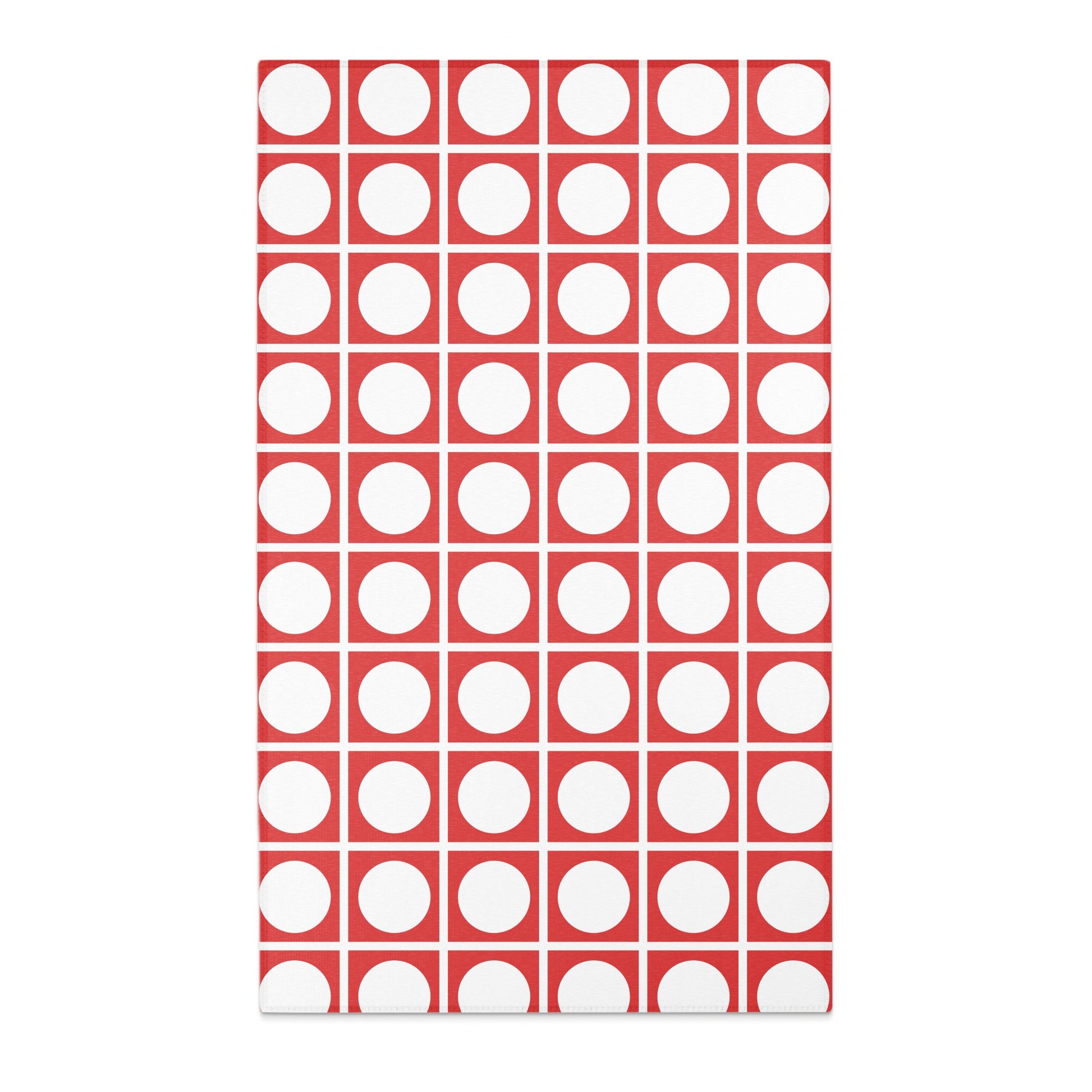 Red and white pattern of circles within squares.