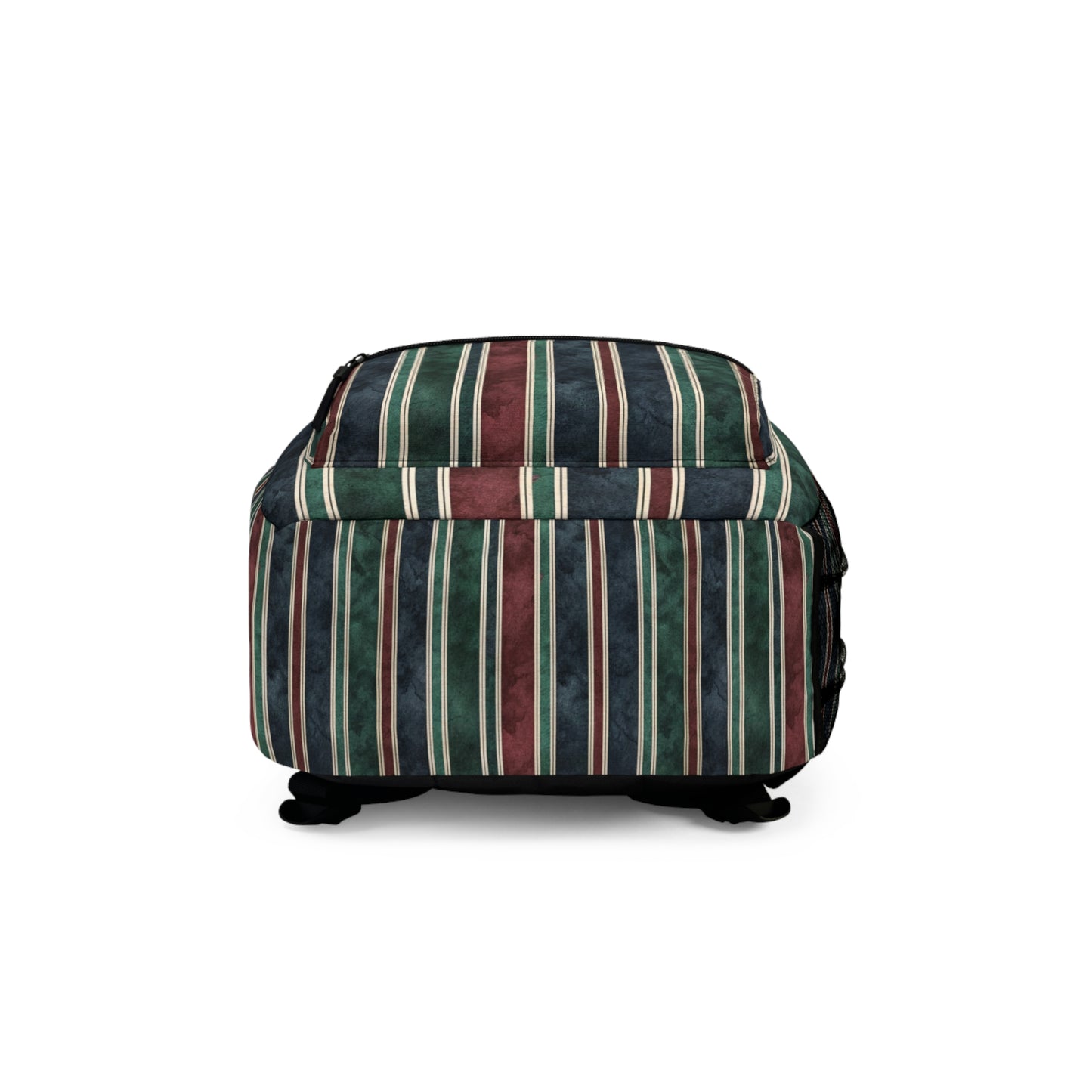 Backpack with vertical stripes of dark blue, green, burgundy, and white.