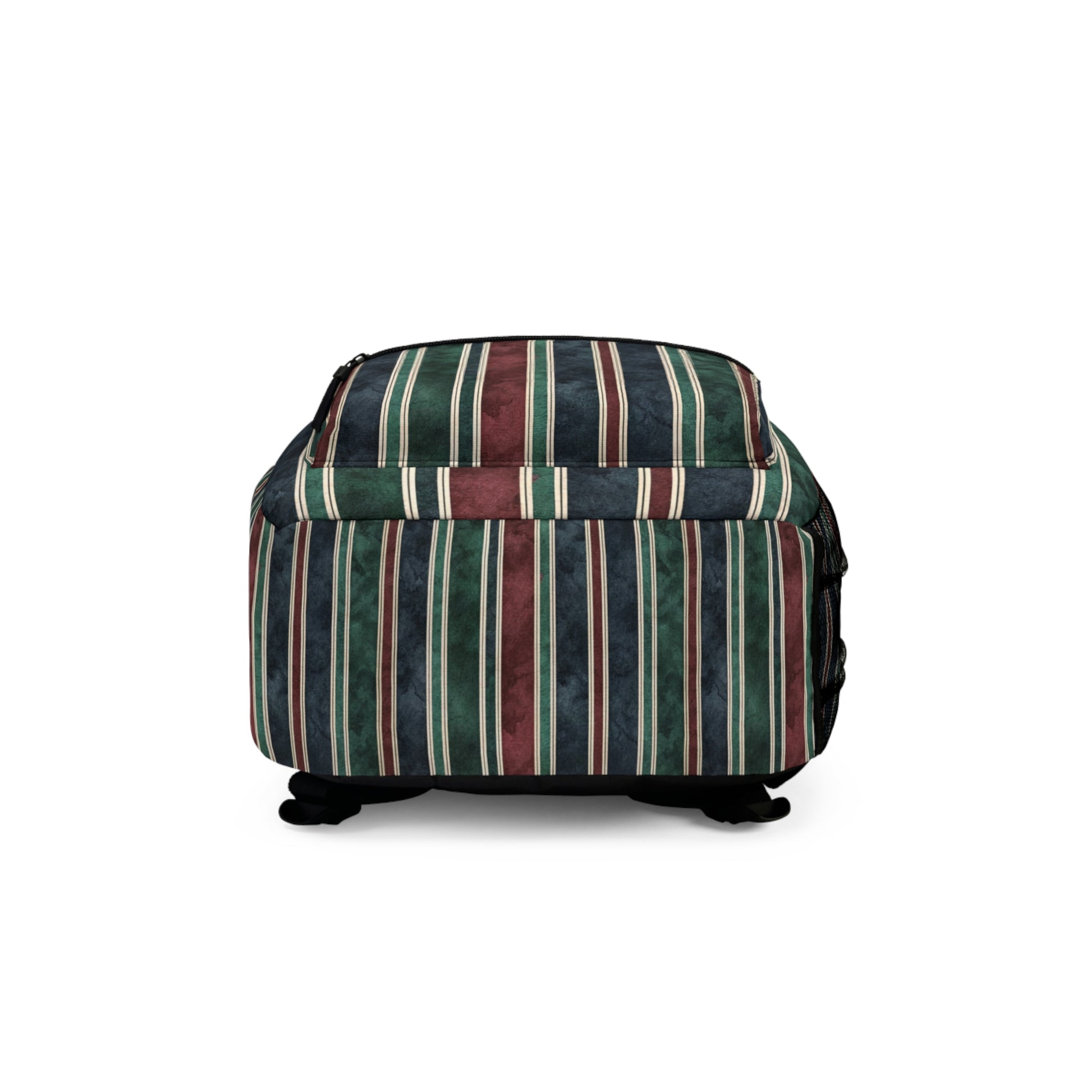 Backpack with vertical stripes of dark blue, green, burgundy, and white.