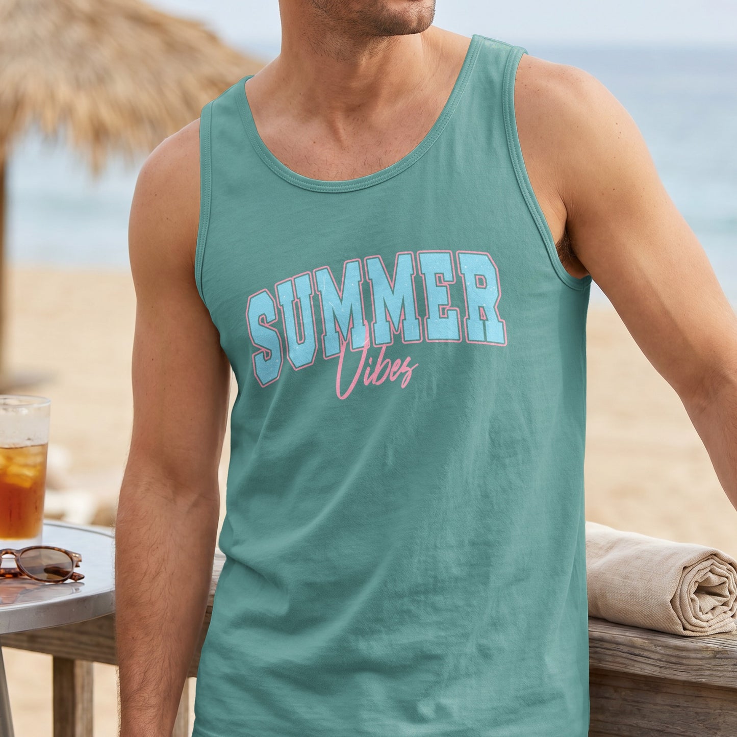 Teal tank top with "Summer Vibes" text in light blue and pink.