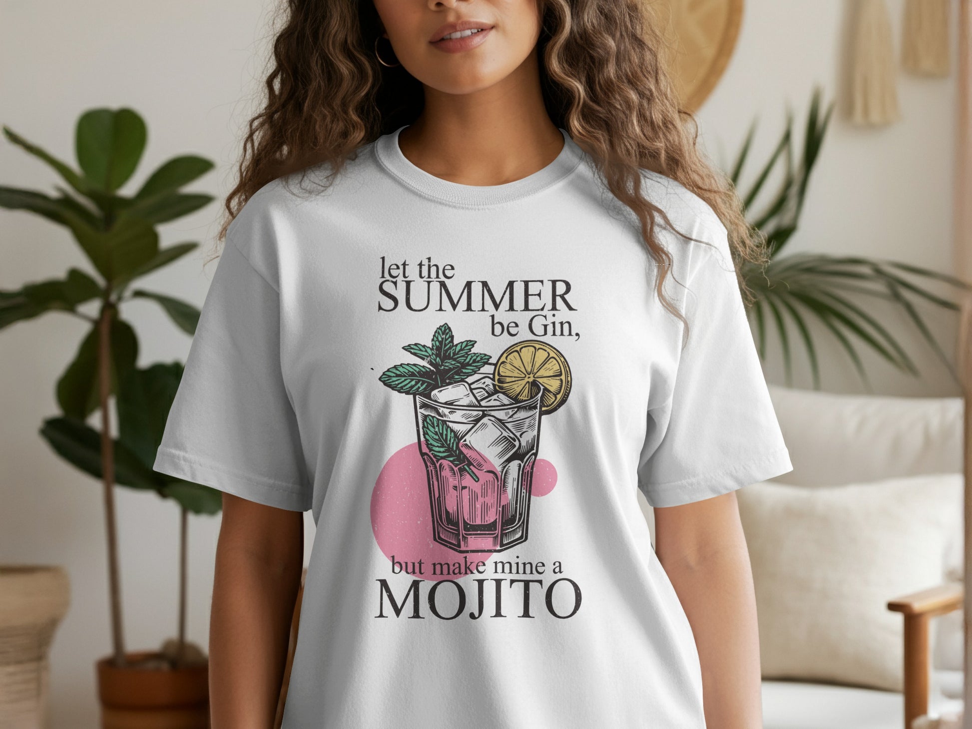 White t-shirt with "Let the Summer be gin, but make mine a Mojito" text and mojito illustration.