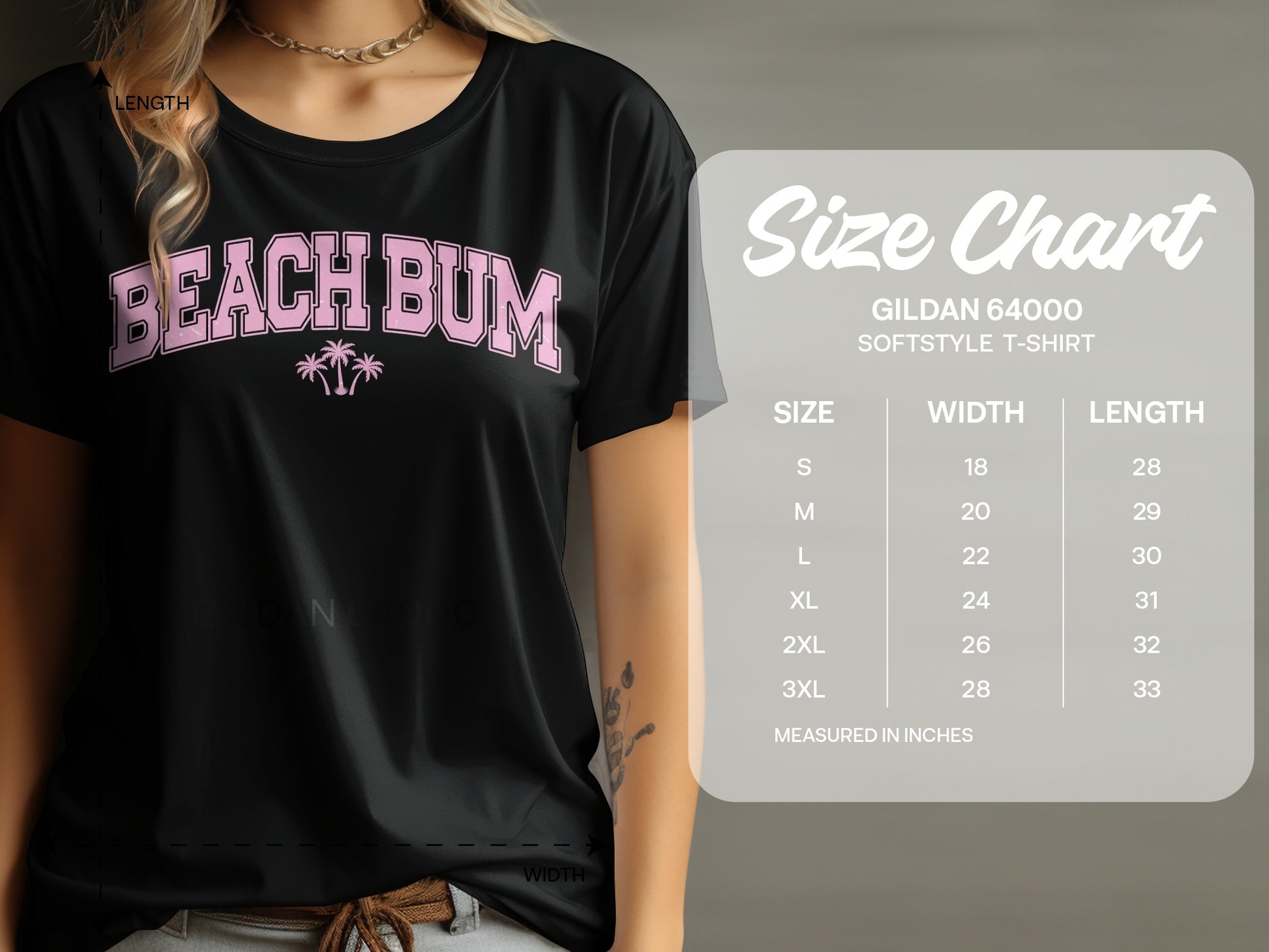 Black t-shirt with "BEACH BUM" text, next to a size chart.