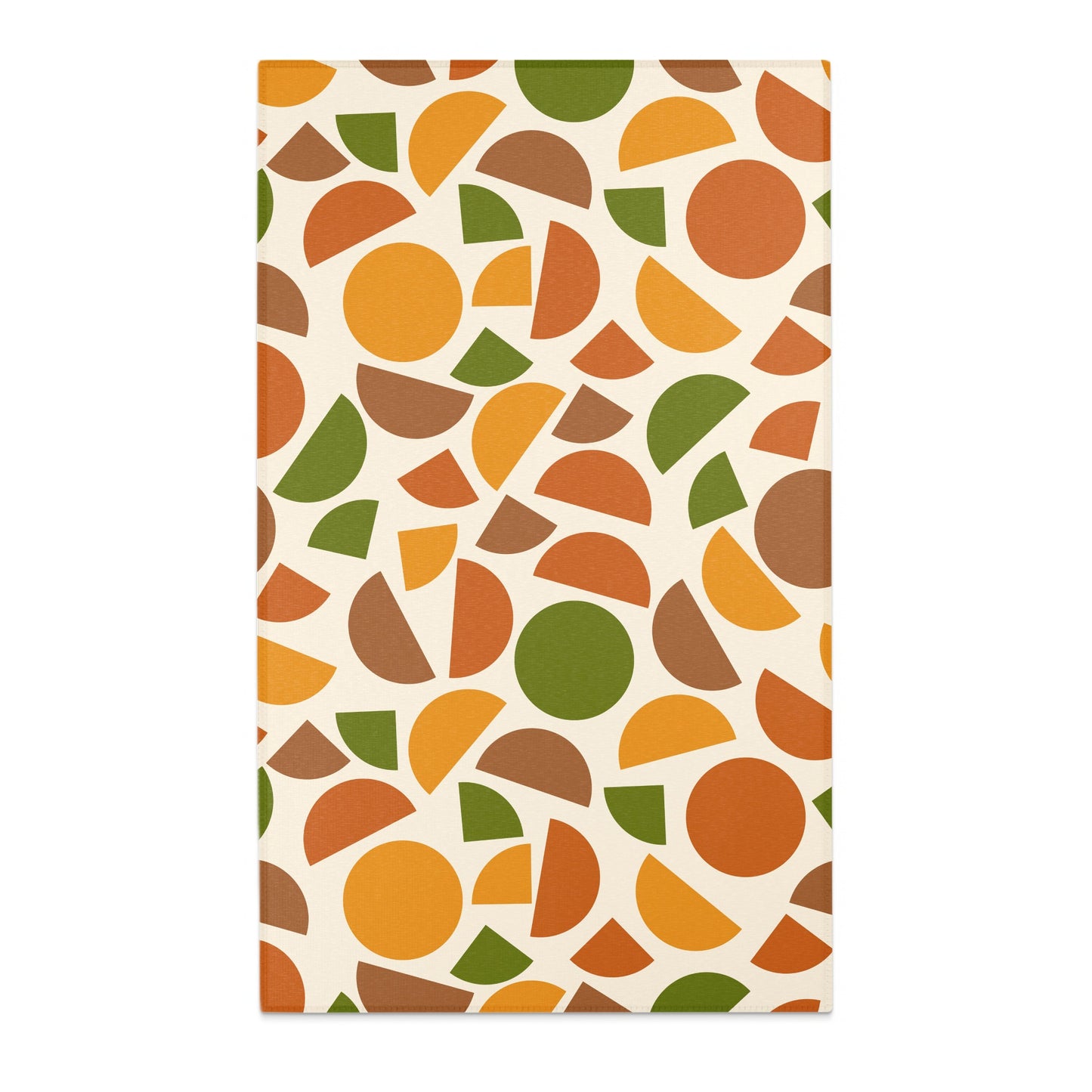 Abstract pattern of scattered circles and arcs in orange, green, and brown on cream.