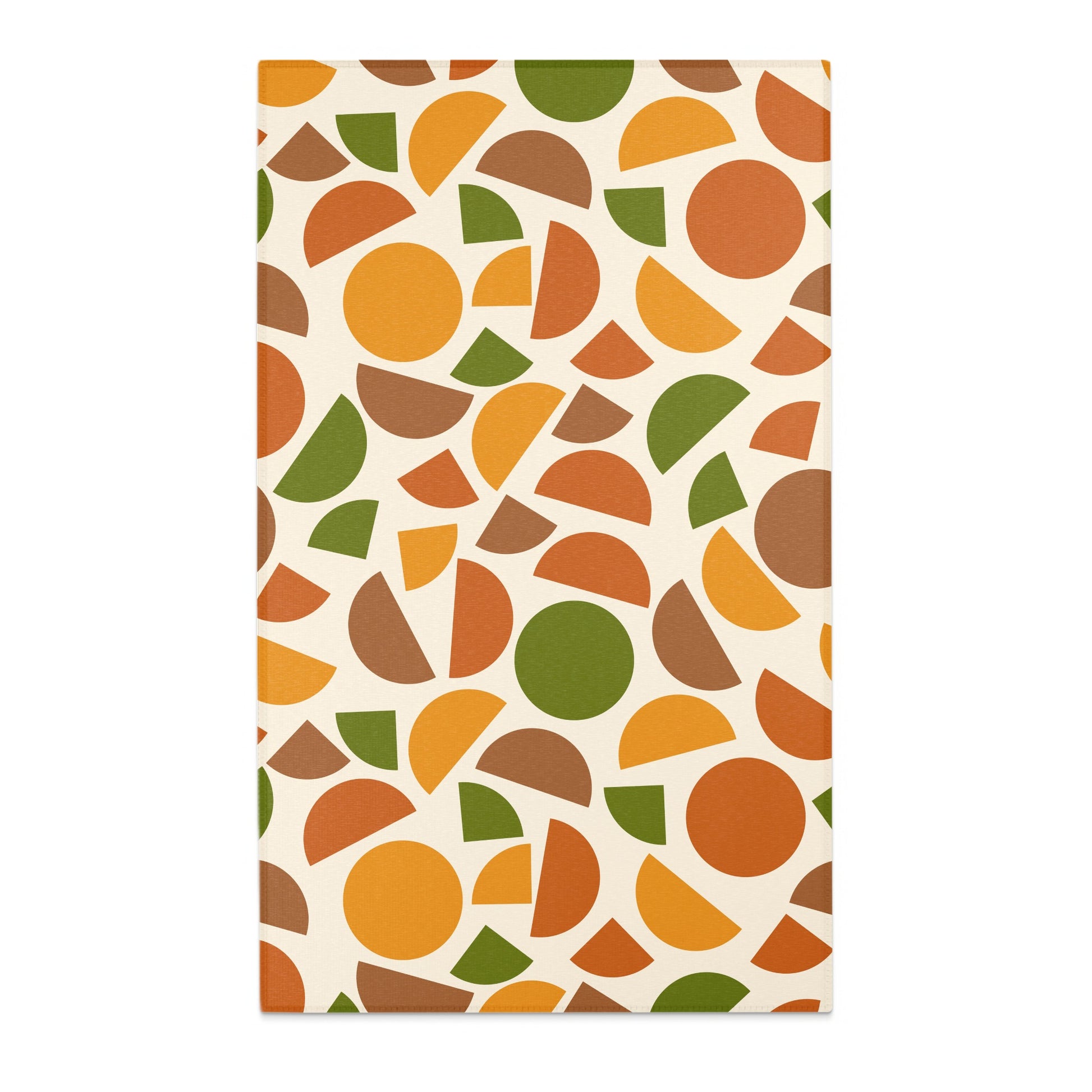 Abstract pattern of scattered circles and arcs in orange, green, and brown on cream.