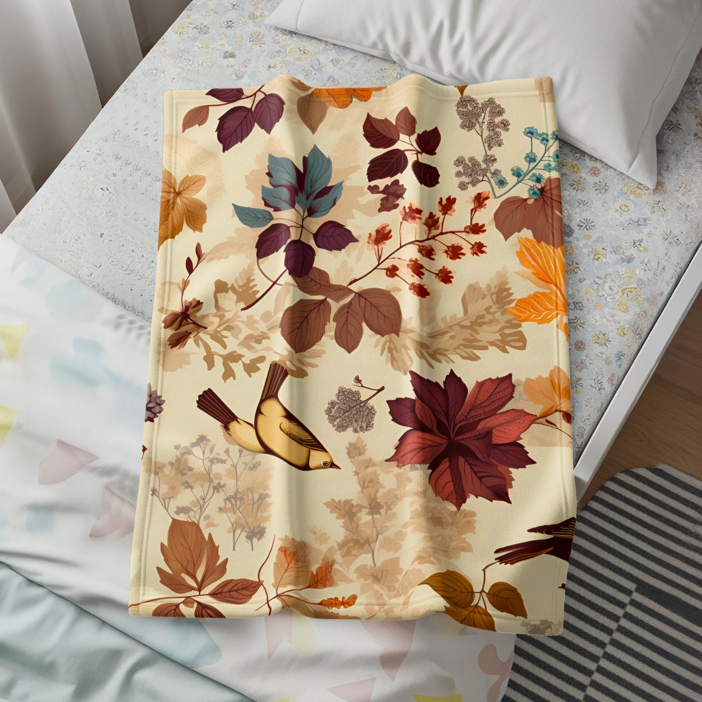 Autumn Foliage and Birds Pattern Throw Blanket
