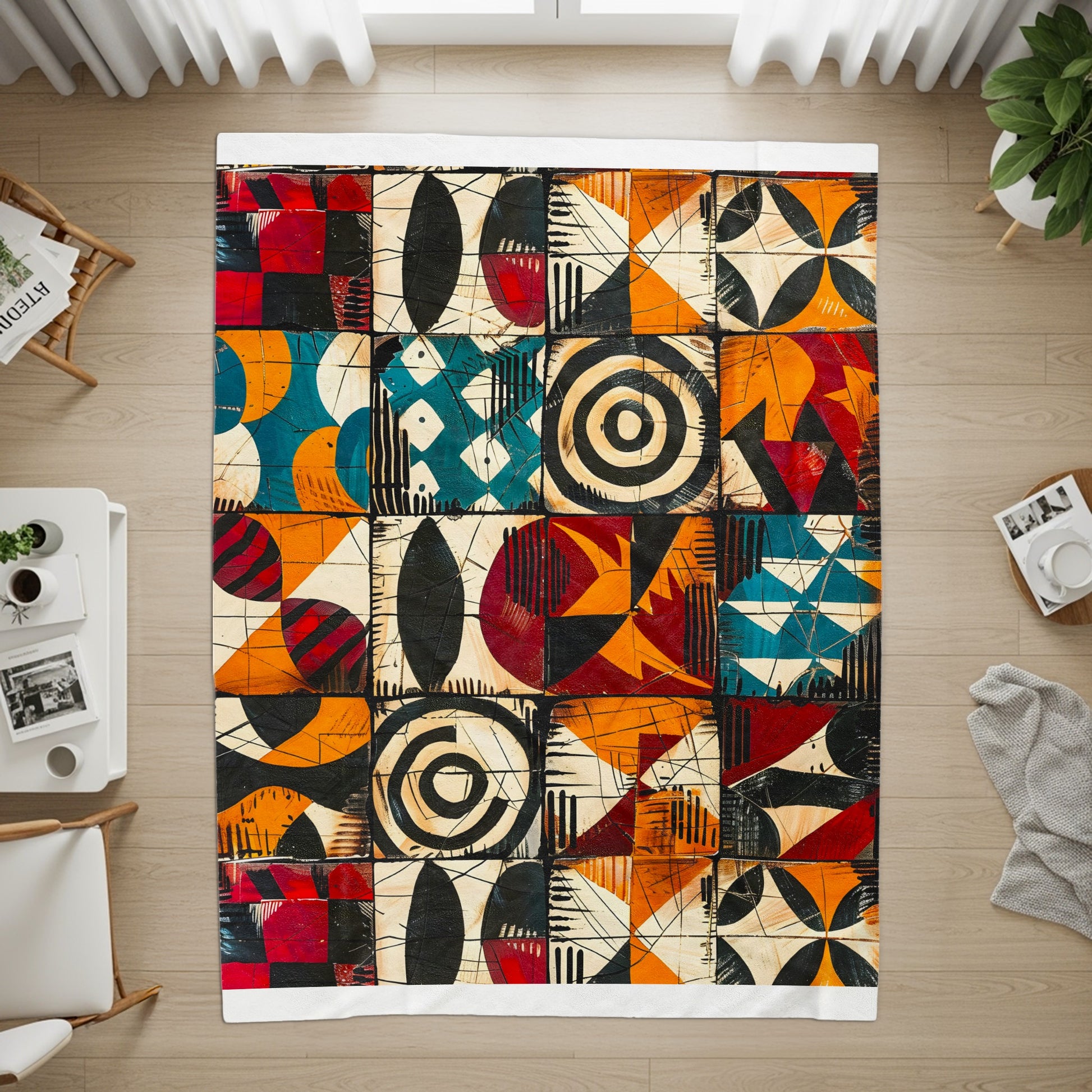 Rug with abstract colorful geometric blocks and patterns on a wooden floor.