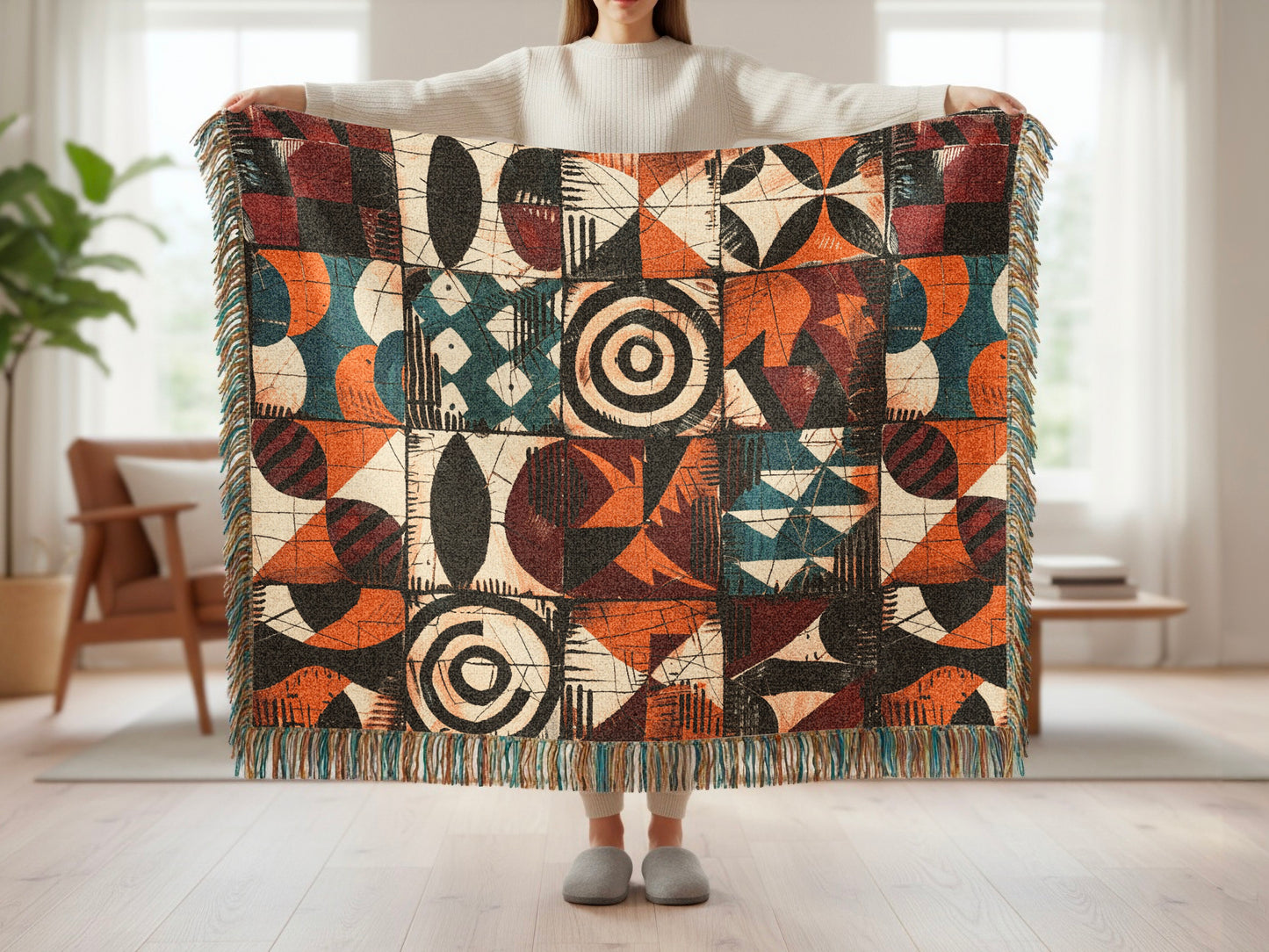 Woven blanket with abstract geometric patterns in rust, teal, black, and cream.