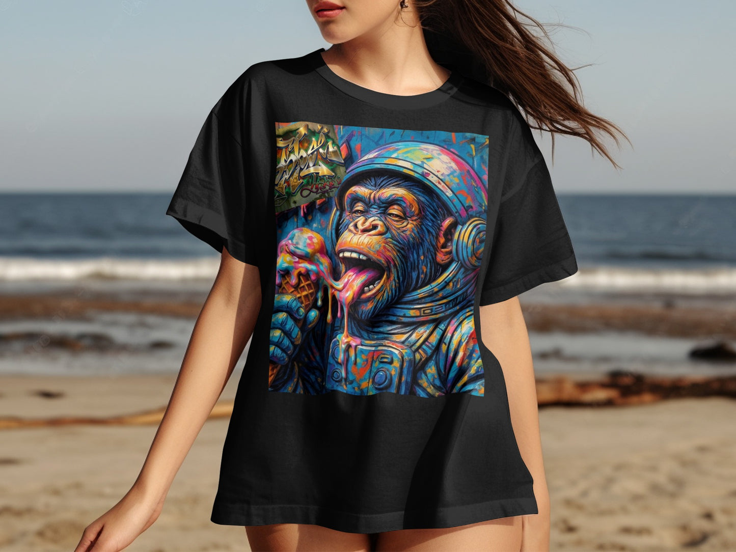 Astronaut chimpanzee wearing helmet and headphones eating ice cream on beach.