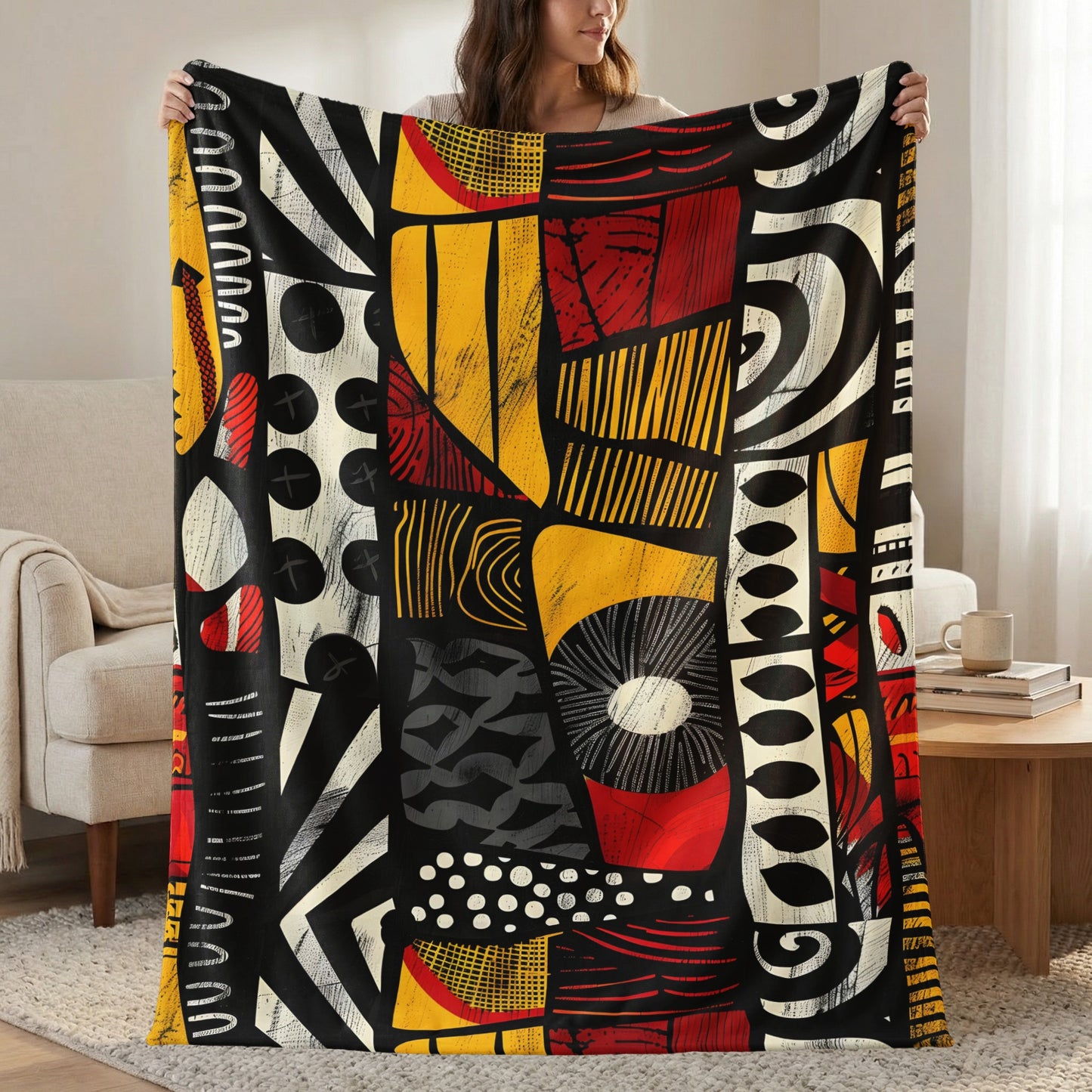 Abstract geometric blanket in black, yellow, red, and off-white with textured patterns.