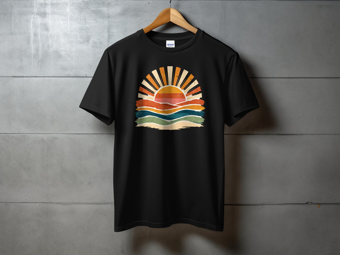 Black t-shirt with retro sunset graphic design featuring colorful wavy lines.