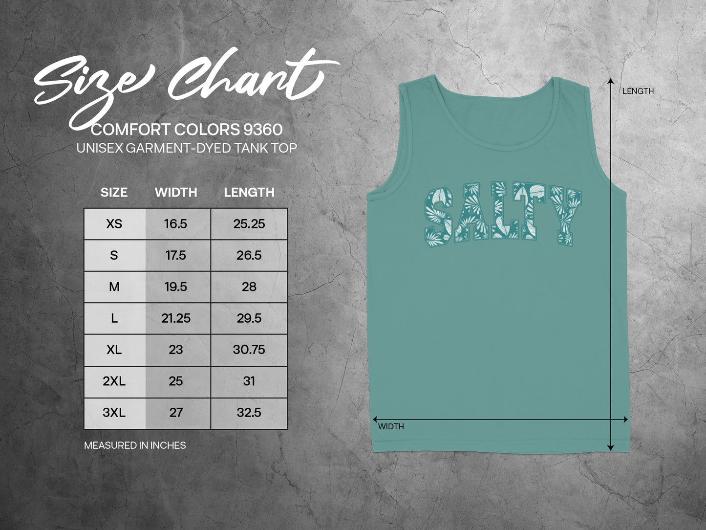 Comfort Colors 9360 size chart for unisex garment-dyed tank top.