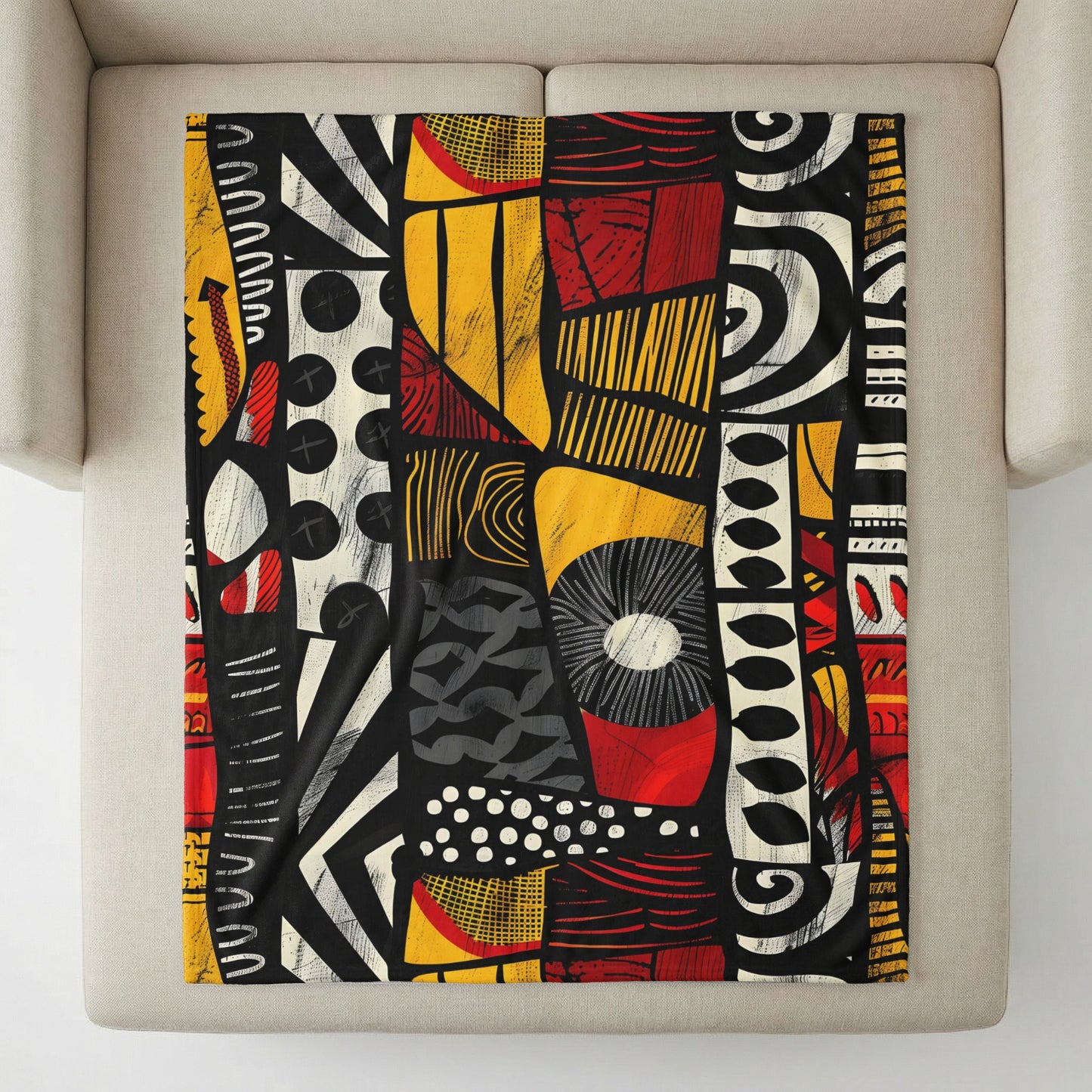 Abstract art blanket with geometric shapes, lines, and dots in black, yellow, and red.
