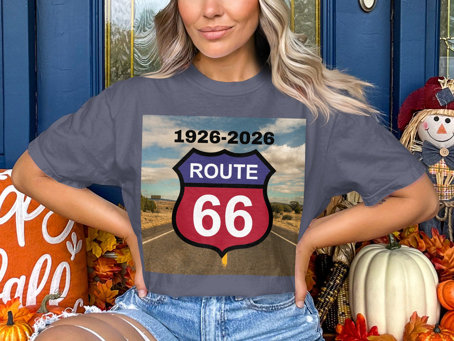 Gray t-shirt with Route 66 logo and text "1926-2026" on a road.