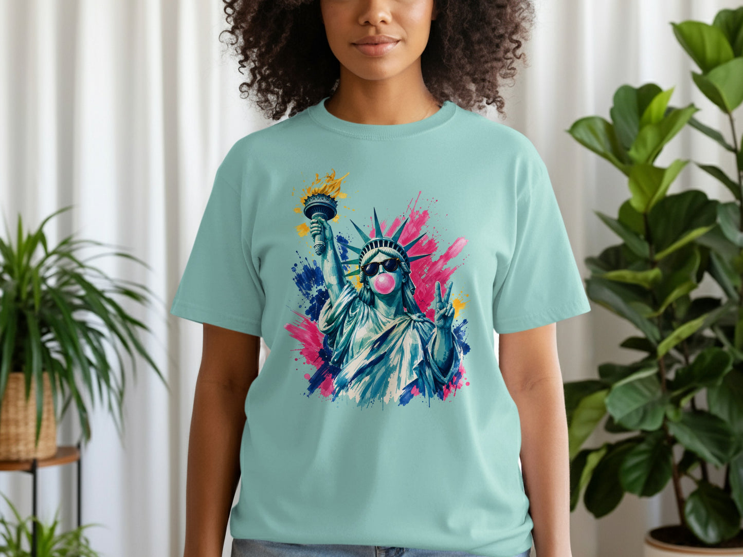 Statue of Liberty blowing bubblegum with sunglasses, illustrated in vibrant colors.