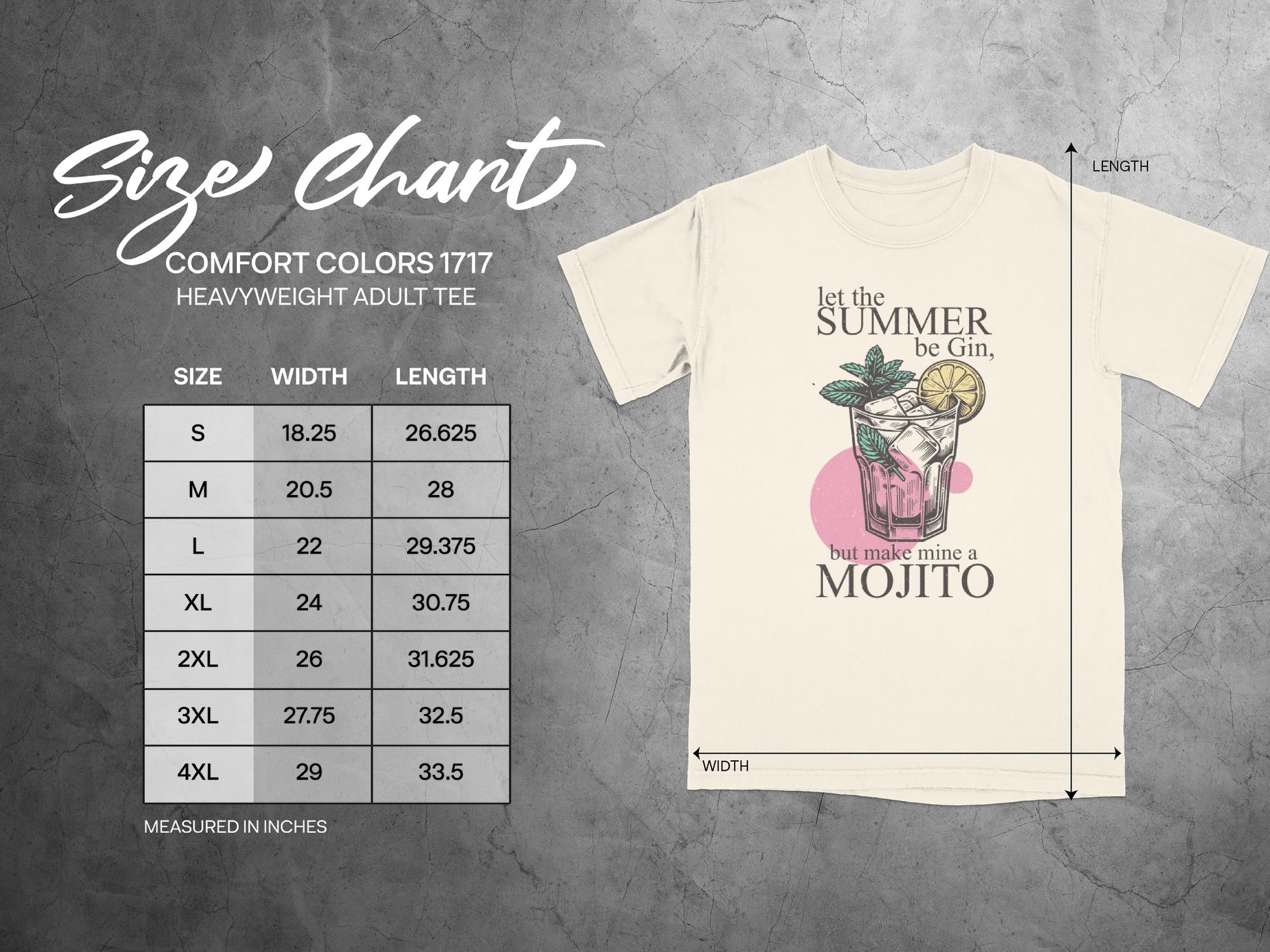 Comfort Colors heavyweight adult tee size chart with shirt graphic.