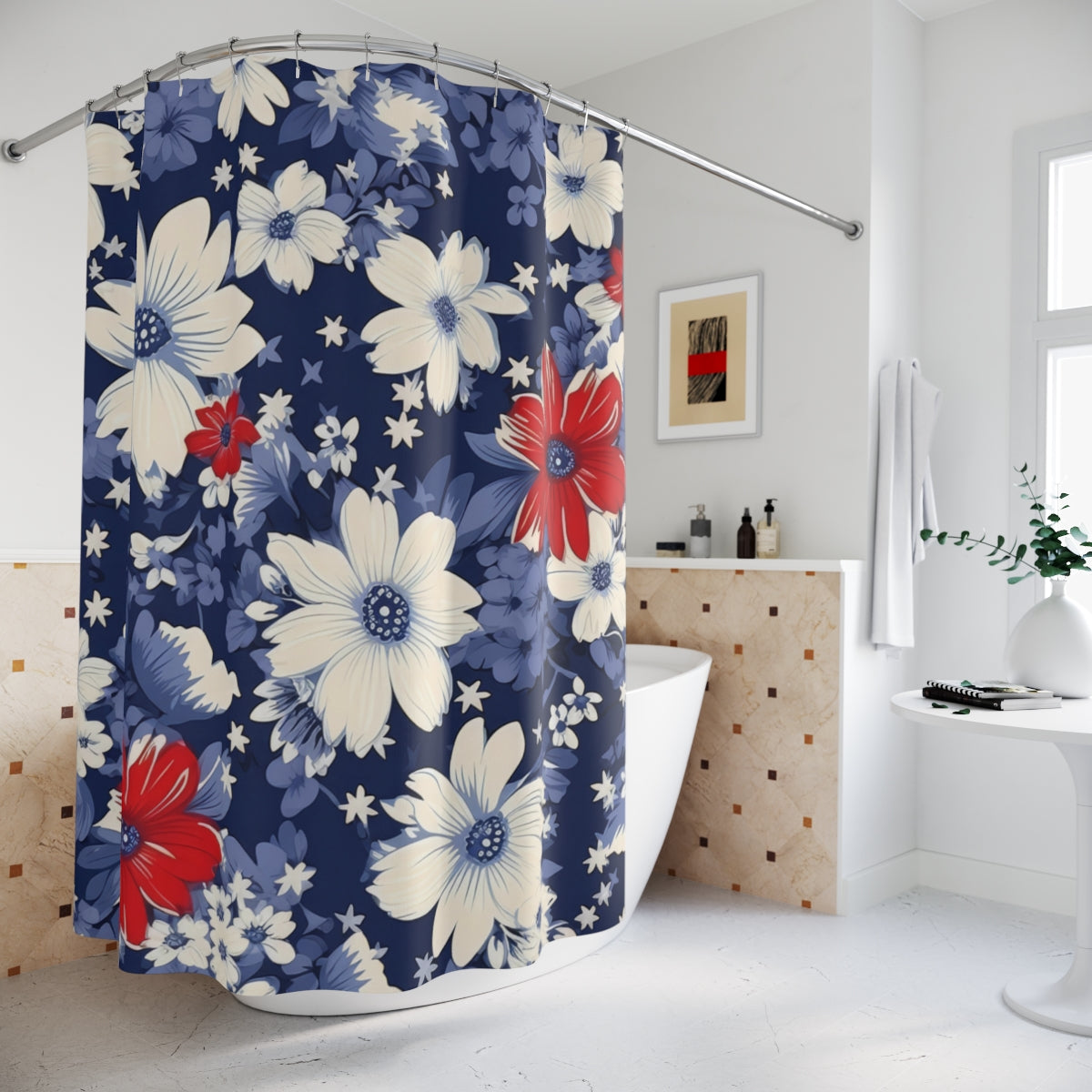 Elegant Floral Pattern Blue and Red Shower Curtain