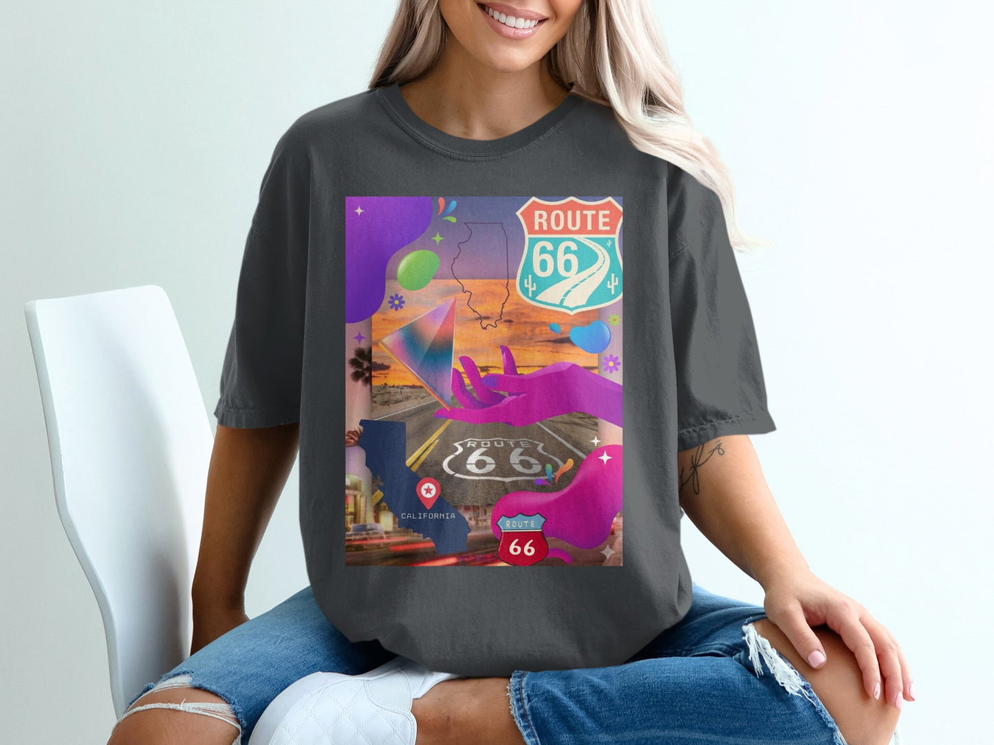T-shirt featuring a Route 66 collage with California map and desert landscape.