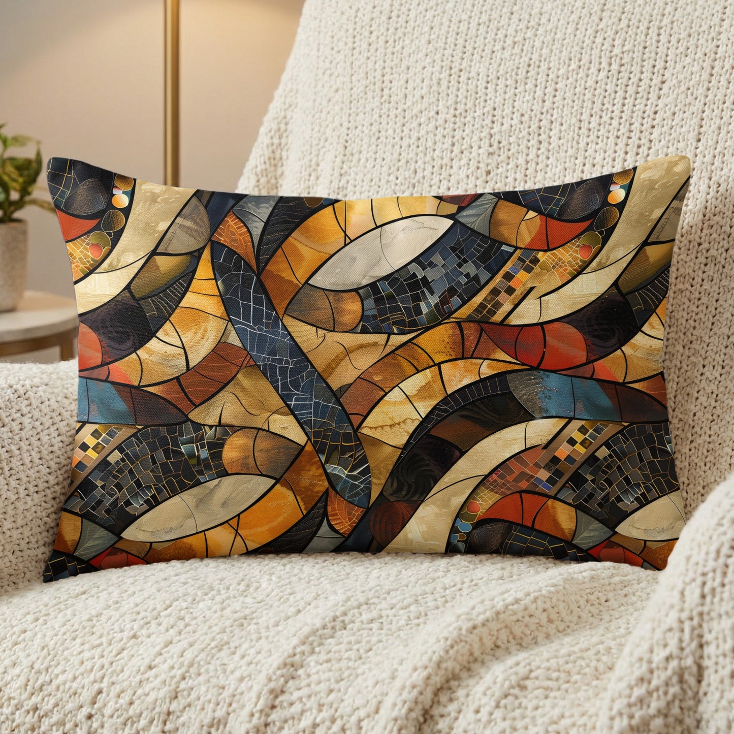 Rectangular pillow with abstract mosaic pattern in warm, earthy tones on a textured throw.