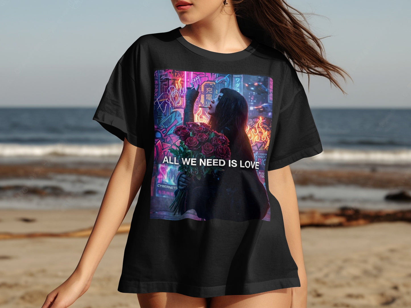 Black t-shirt with "ALL WE NEED IS LOVE" and neon art.