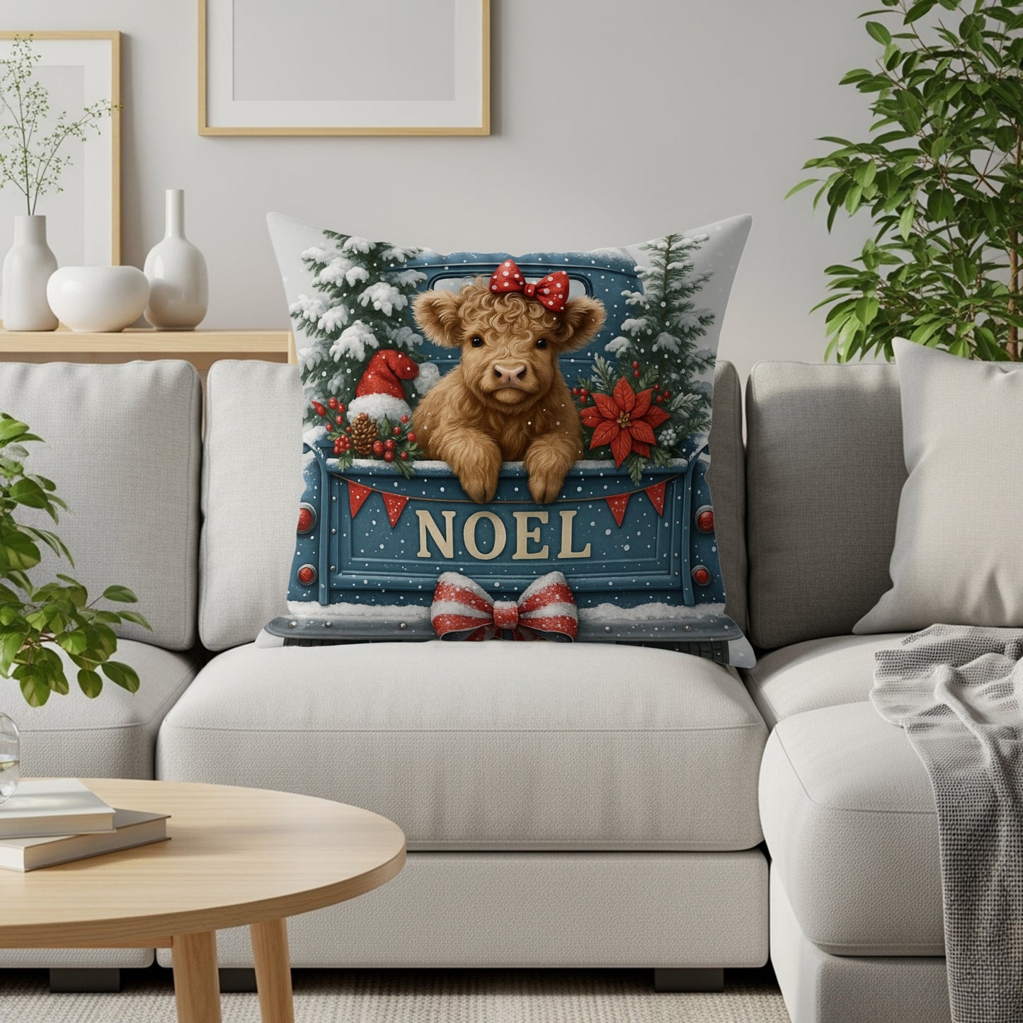 Holiday Highland Cow Noel Pillow for Home Decor