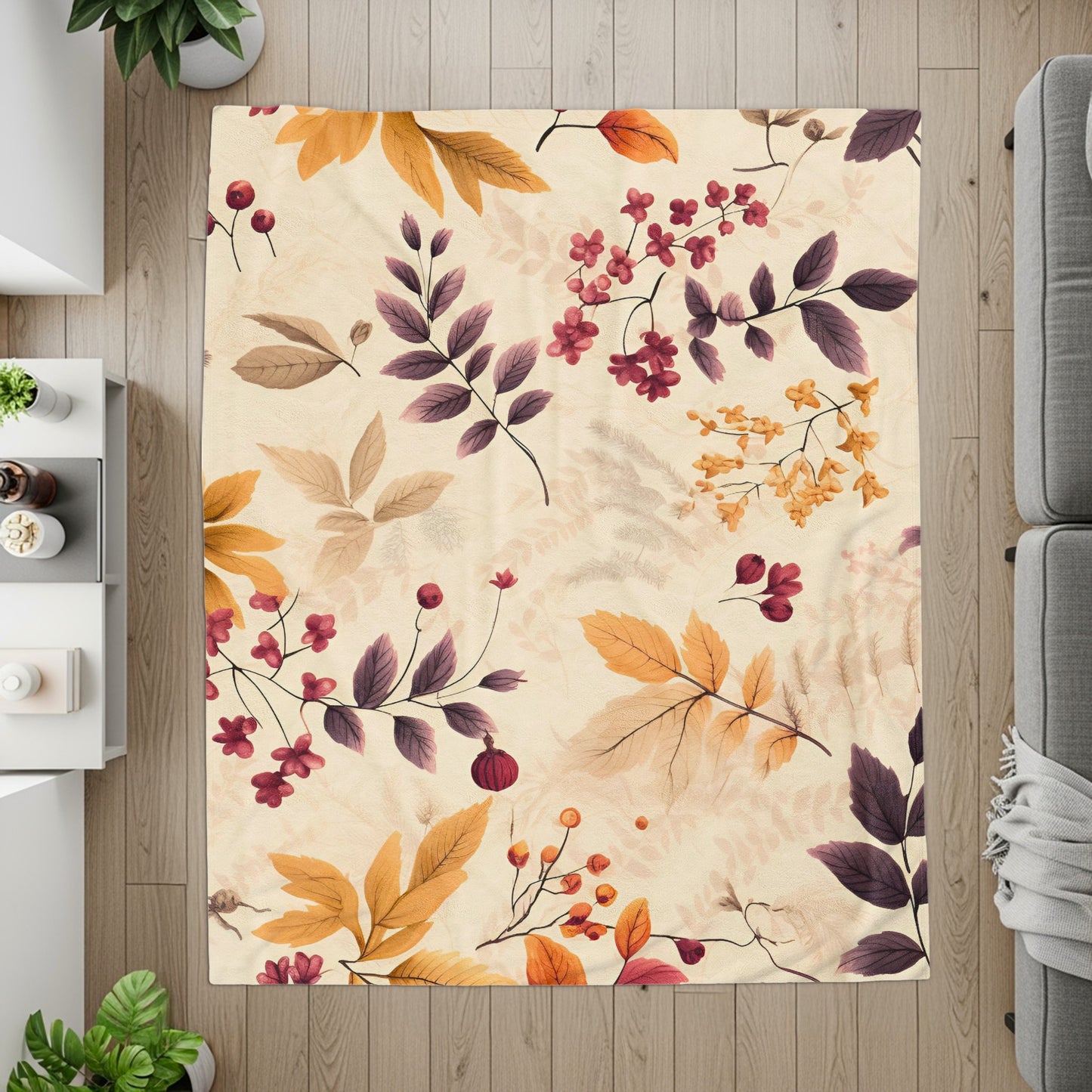 Autumnal Leaves and Berries Print Area Rug