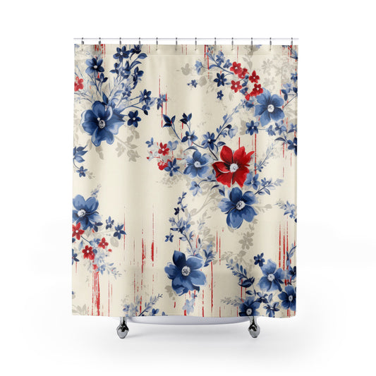 Floral Patterned Red and Blue Shower Curtain product