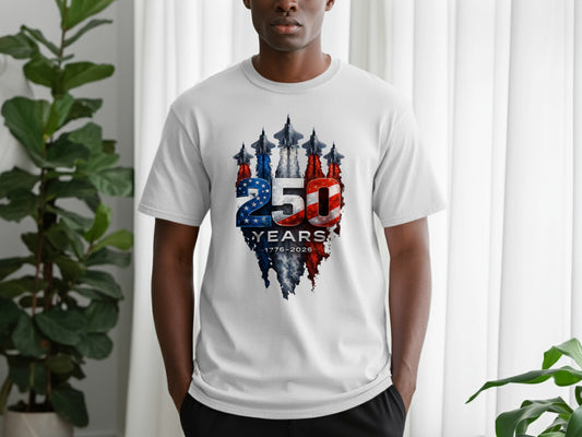 White t-shirt with "250 YEARS" in a distressed American flag design and jets.