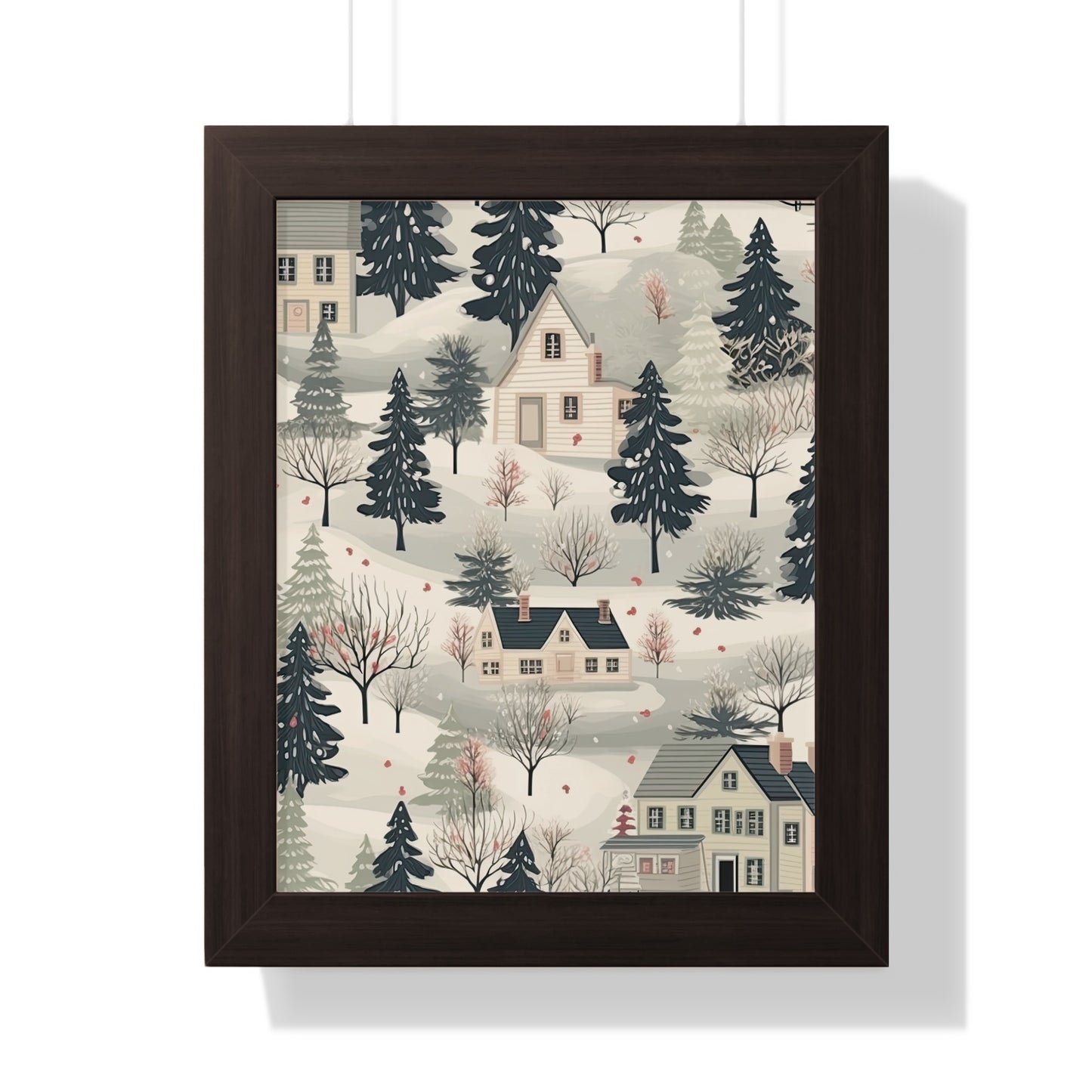 Winter Village Scene with Snow Covered Trees Wall Art