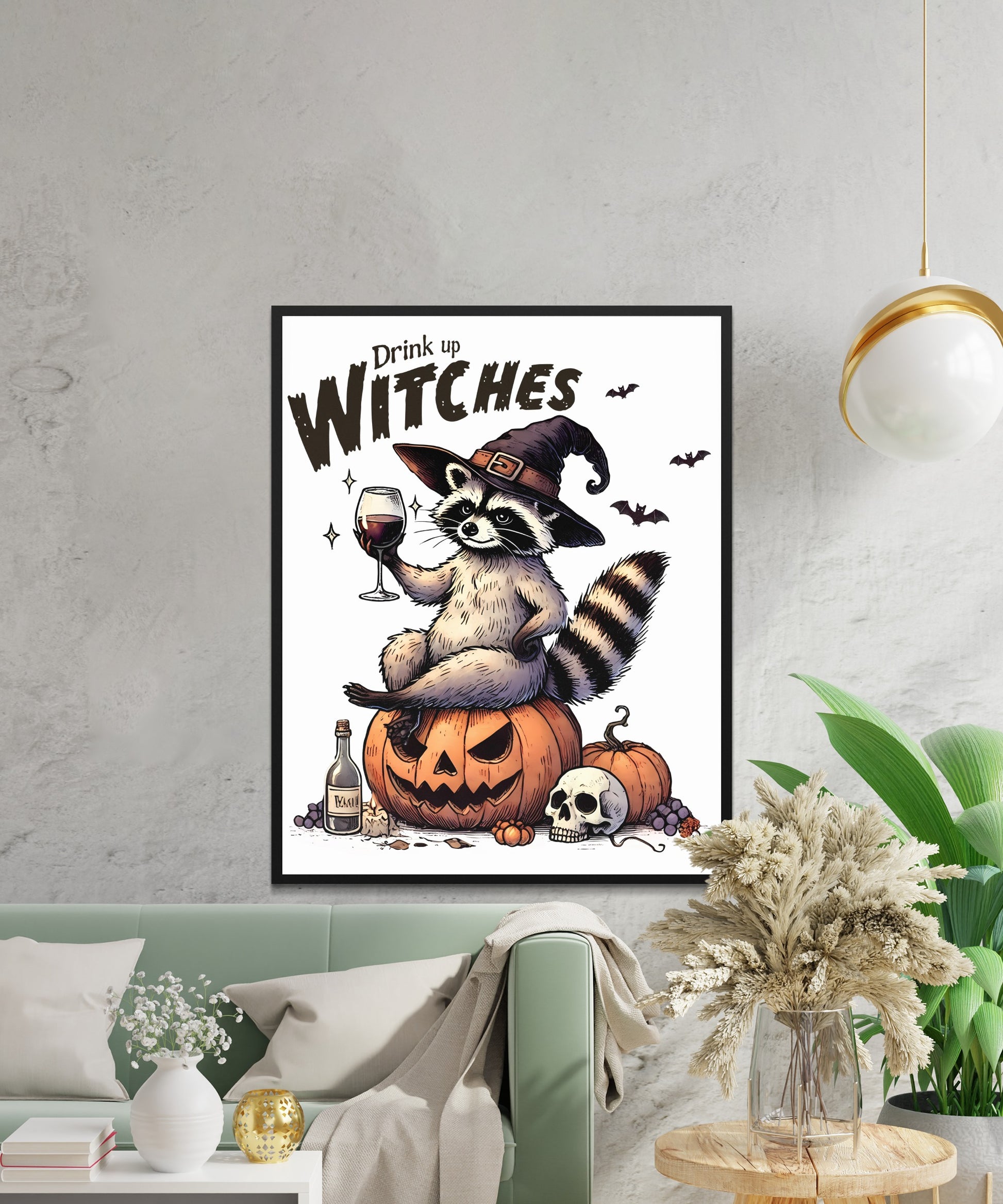 Halloween Decor Raccoon with Wine Witch Hat product